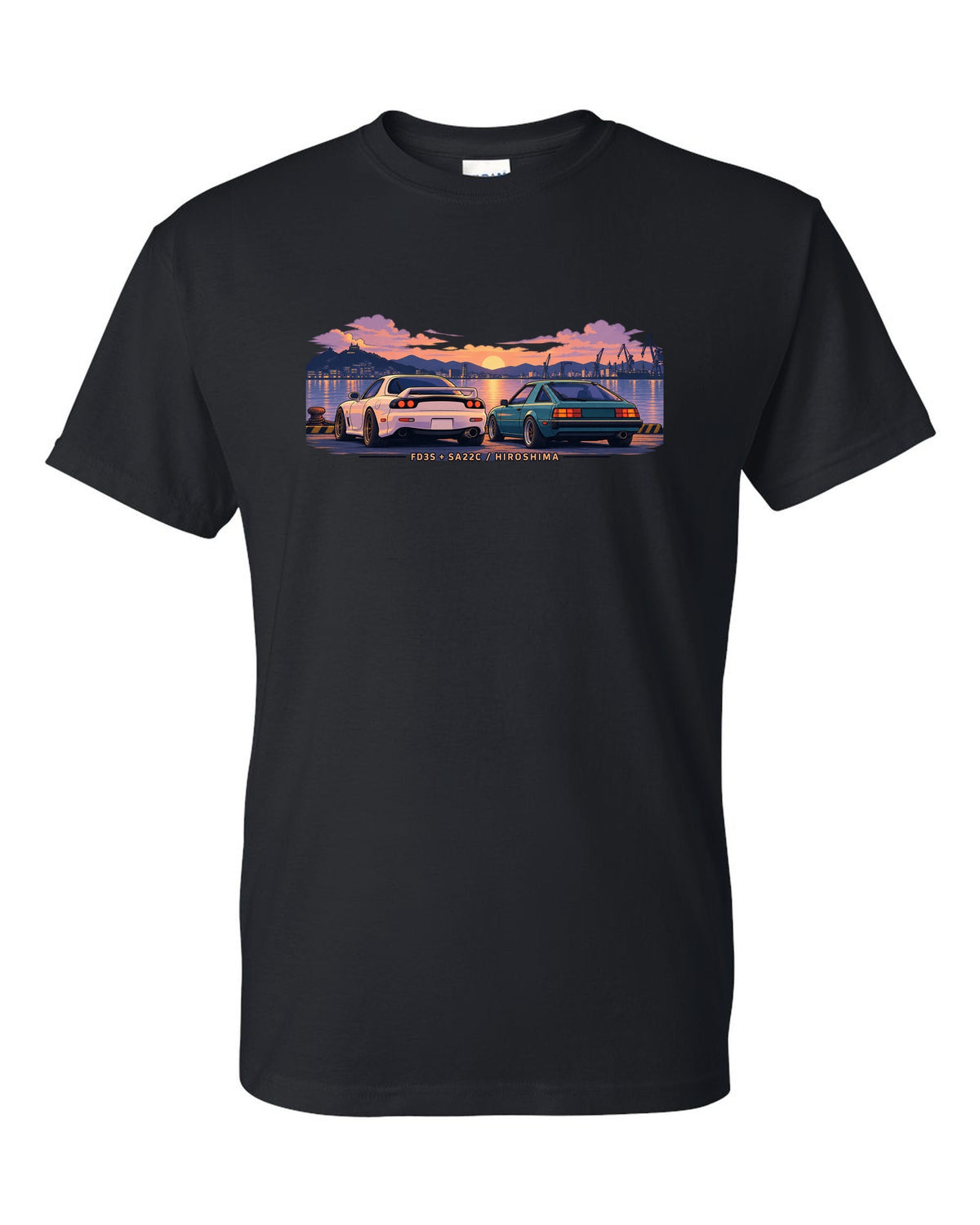 Ukiyo-e woodblock illustration of a Mazda RX-7 FD3S on a touge hairpin with 50/50 / 1280 KG lettering black t-shirt front view with the design