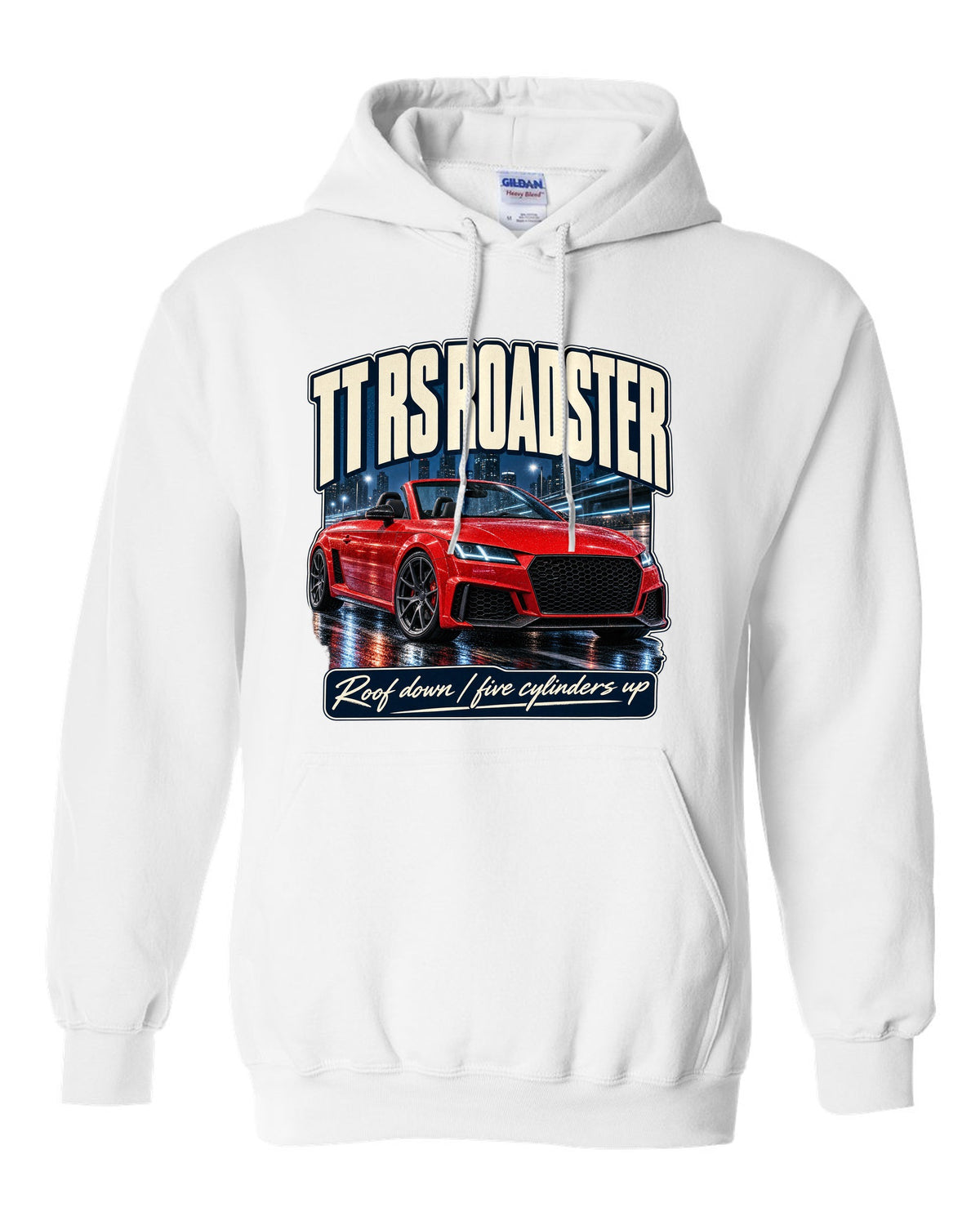Audi TT RS Roadster 8S street poster print, roof down white pull over hoodie front view with the design