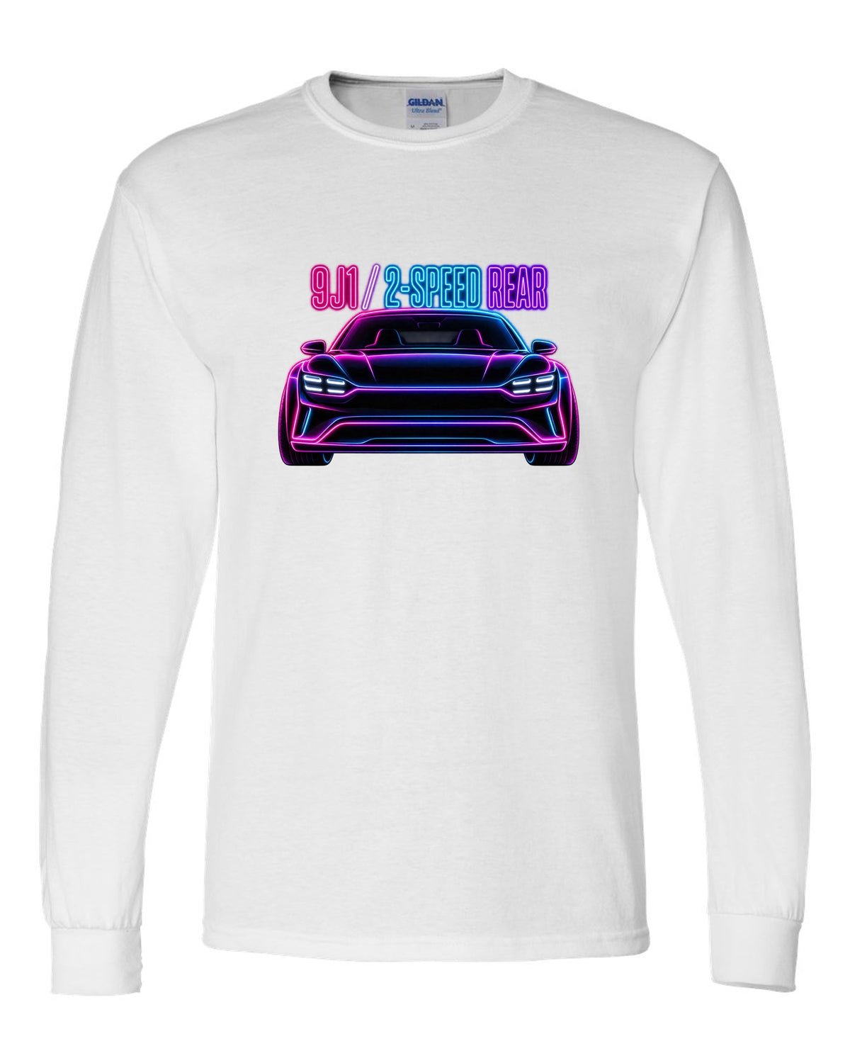 Porsche Taycan Turbo S 9J1 neon outline print with the text 9J1 2-speed rear white long sleeve front view with the design
