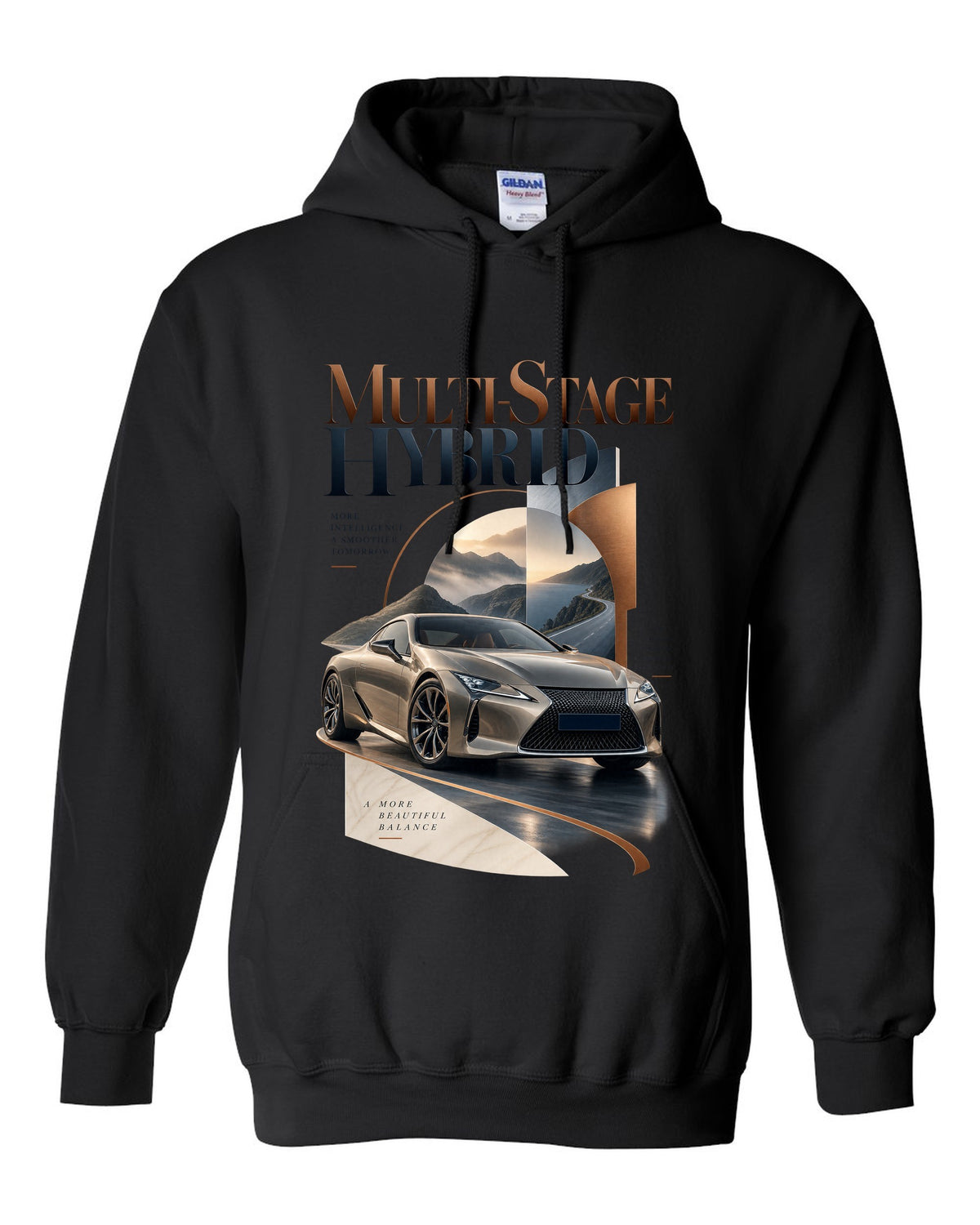 Editorial headline layout for the Lexus LC 500h hybrid black pull over hoodie front view with the design