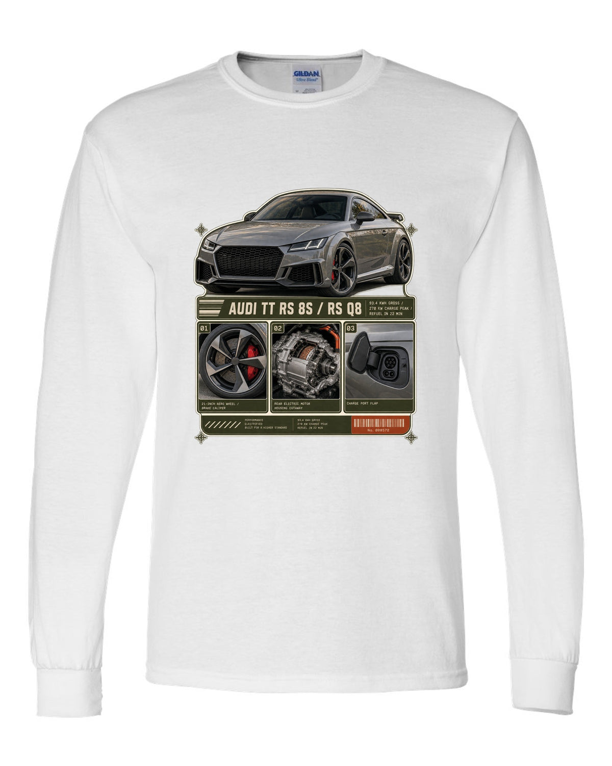 Audi RS e-tron GT dossier panels with wheel, motor and charge port print design white long sleeve front view with the design