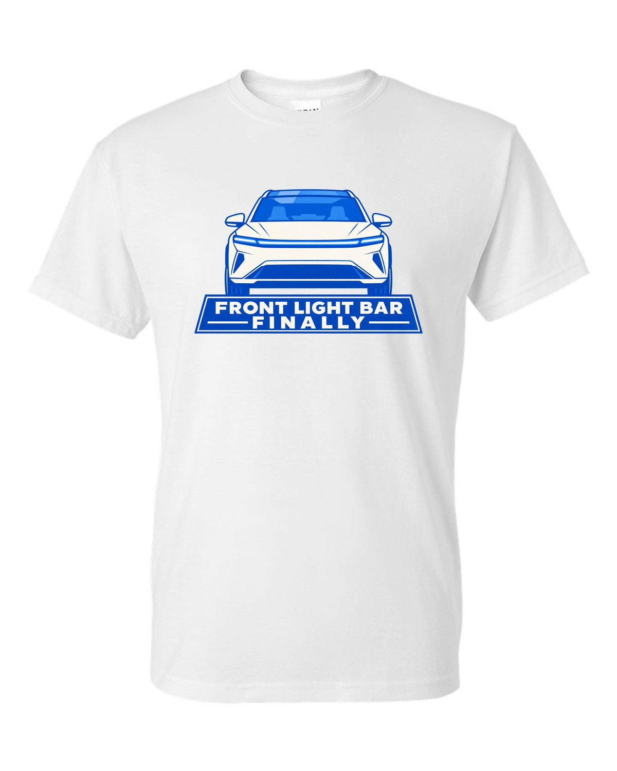 Minimal geometric flat vector print of a Tesla Model Y Juniper with the text Front Light Bar Finally white t-shirt front view with the design