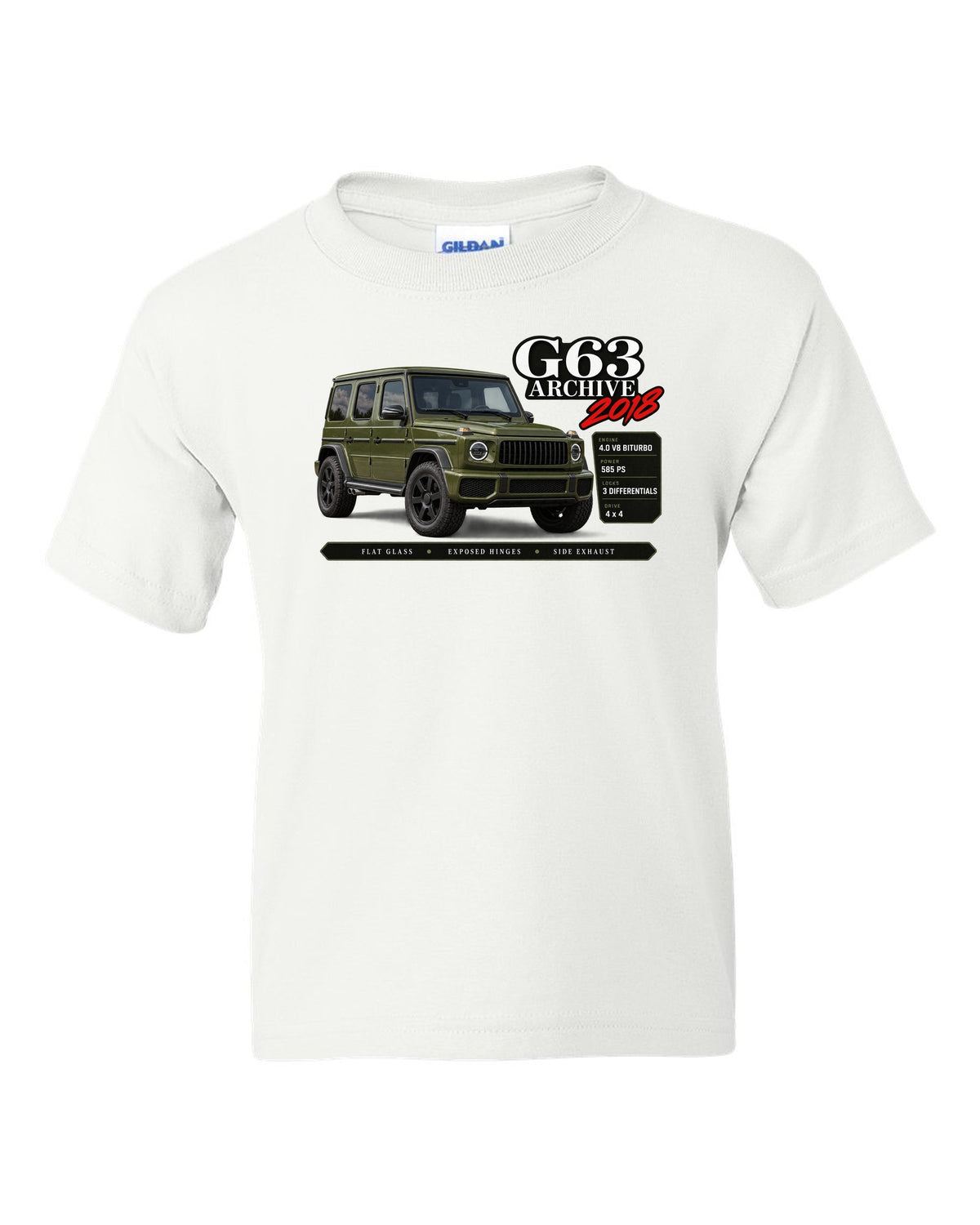 Archive panel print of a Mercedes-AMG G63 W464 with G63 Archive 2018 lettering white kids tee front view with the design