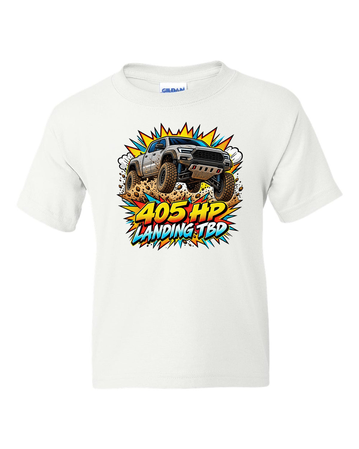 Ford Ranger Raptor P703 mid-jump in a comic pop-art burst print white kids tee front view with the design