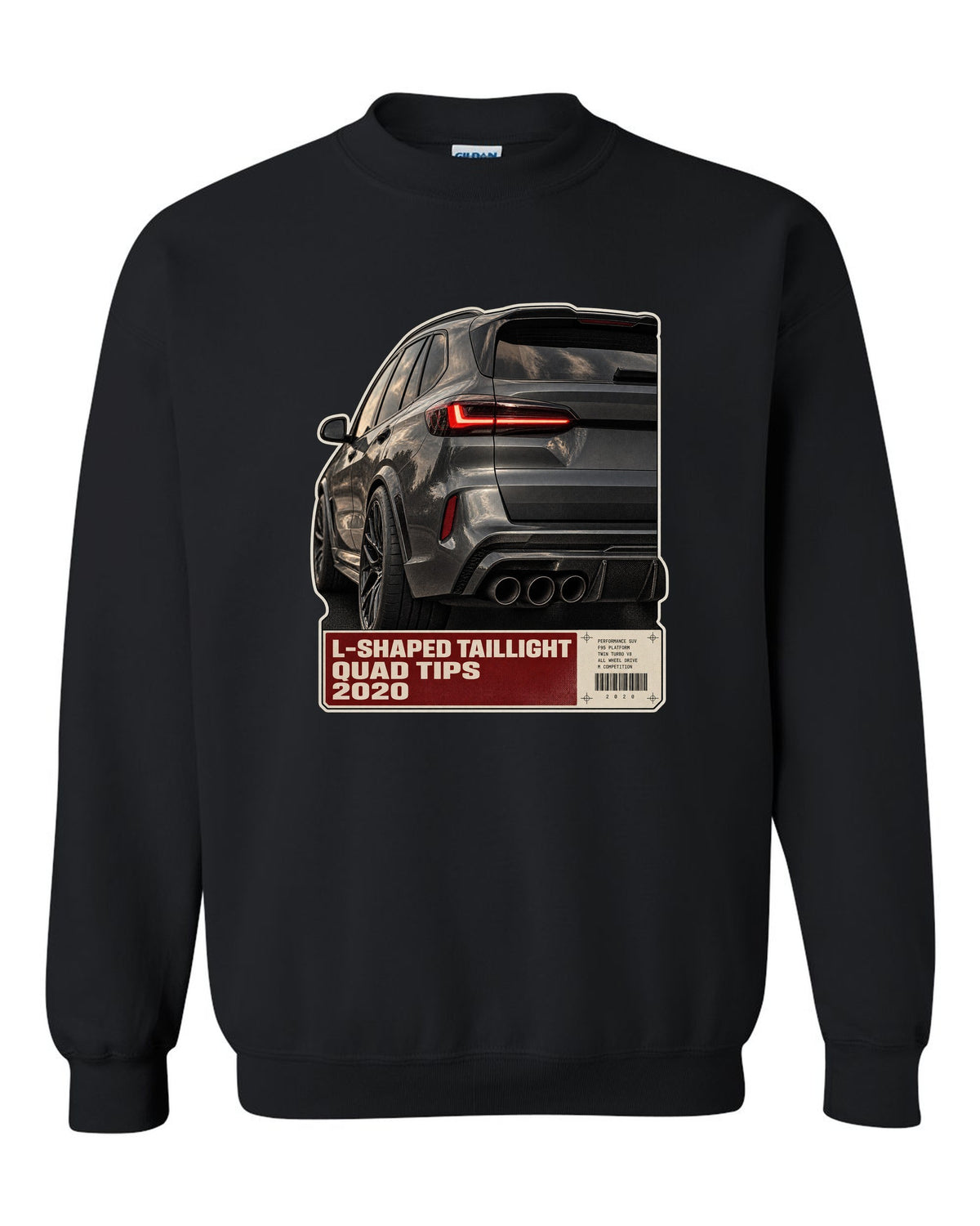 Macro print of the L-shaped taillight and quad tips on a BMW X5 M Competition F95 black crewneck front view with the design