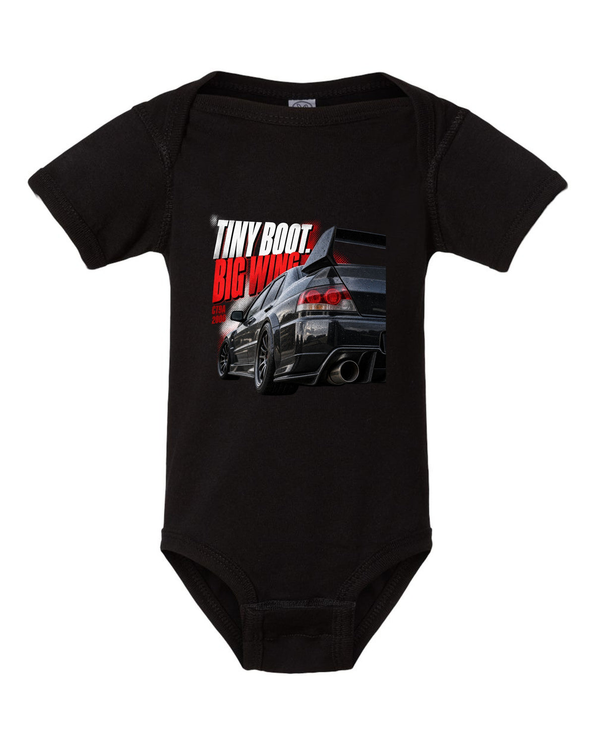 Tail macro print for the Mitsubishi Lancer Evolution IX CT9A reading Tiny Boot, Big Wing, CT9A, 2006 black baby onesie front view with the design