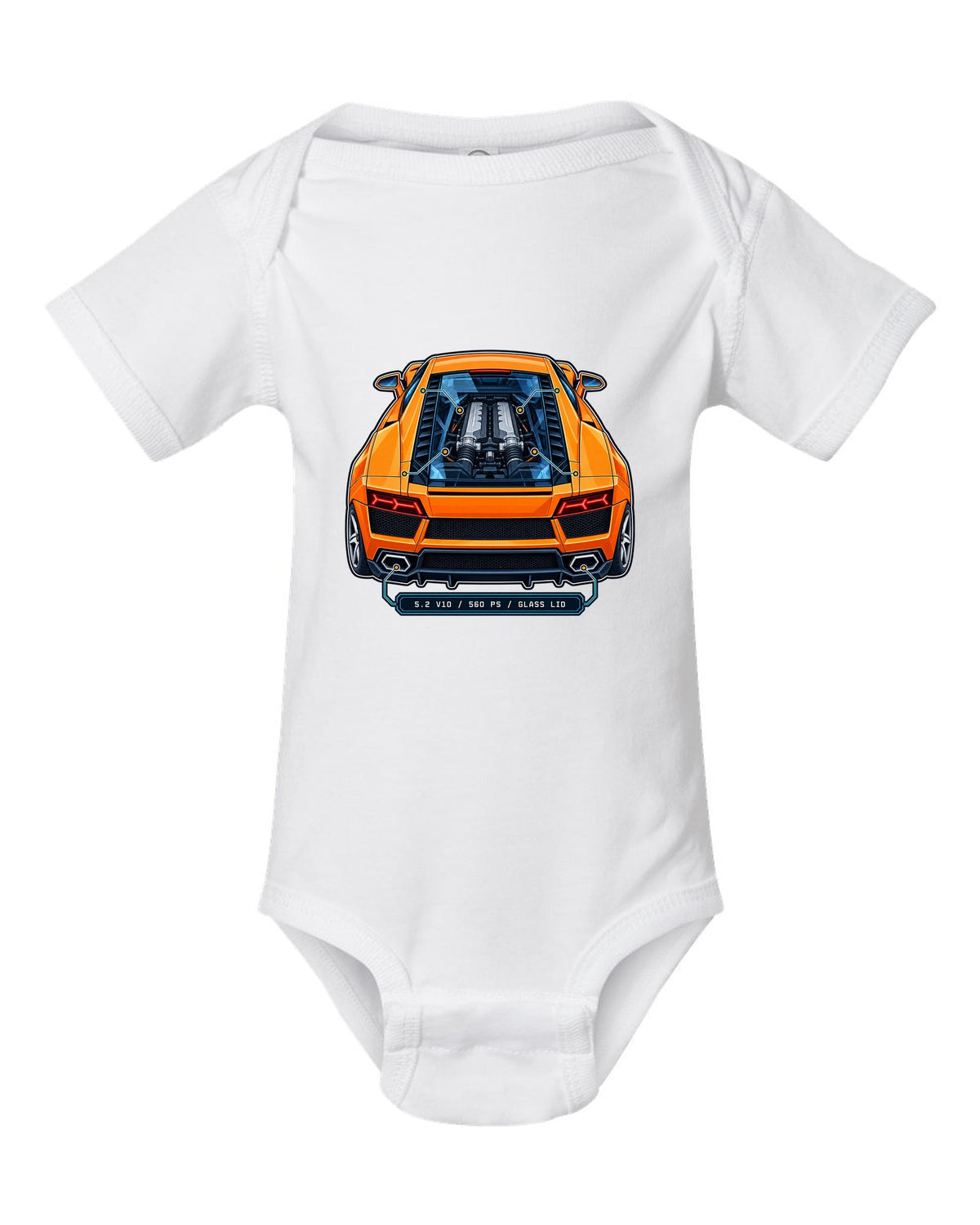 Patent-style technical drawing of a Lamborghini Gallardo LP560-4 with V10 under glass white baby onesie front view with the design