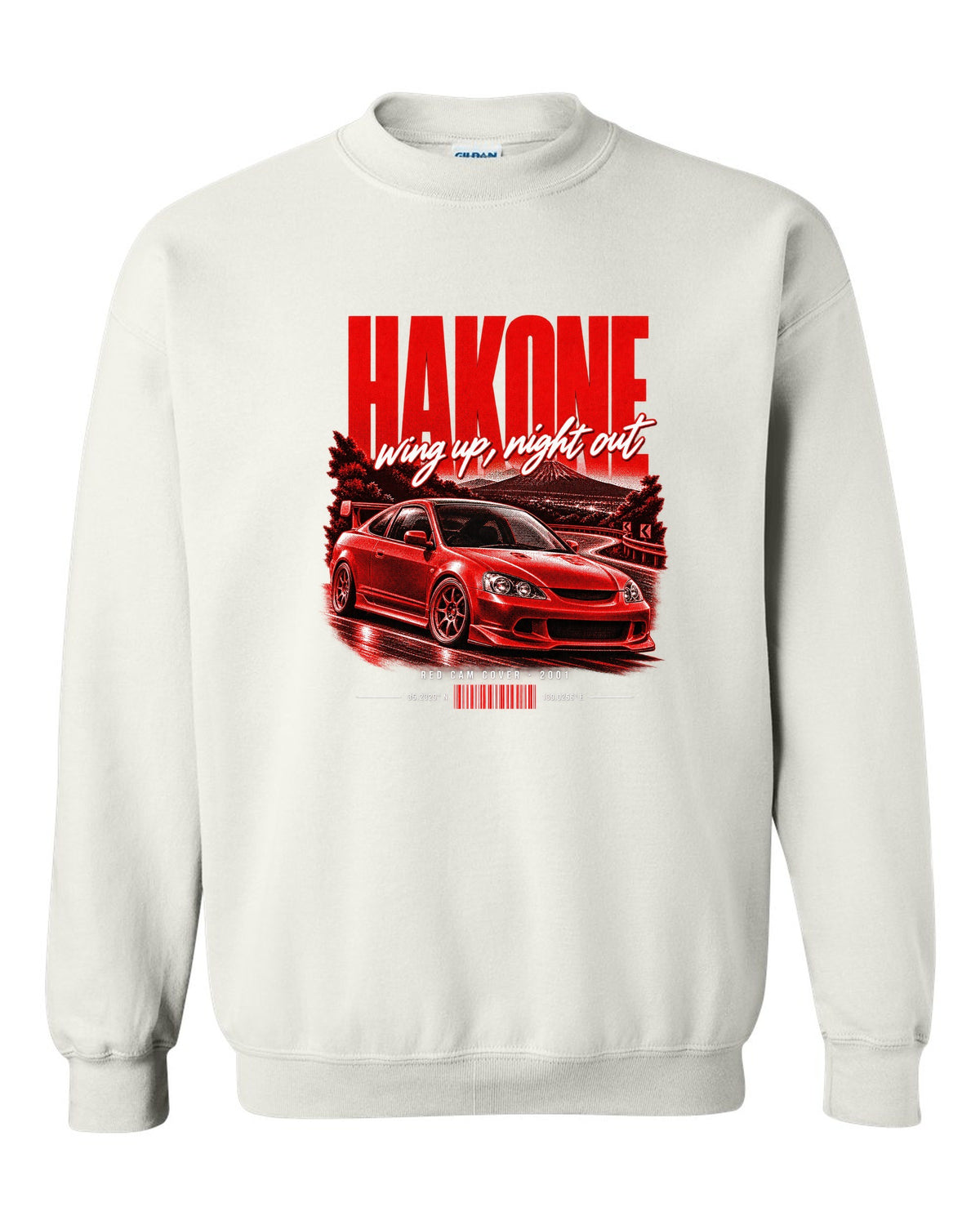 Honda Integra DC5 Type R chback street poster with Hakone and red cam cover text white crewneck front view with the design
