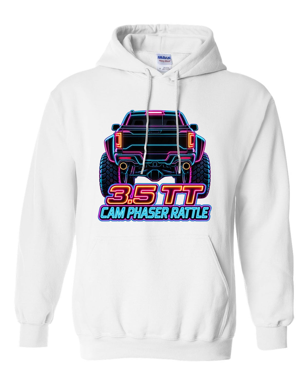 Neon outline print of a 2017-2020 Ford F-150 Raptor Gen 2 P552 taillights on black white pull over hoodie front view with the design