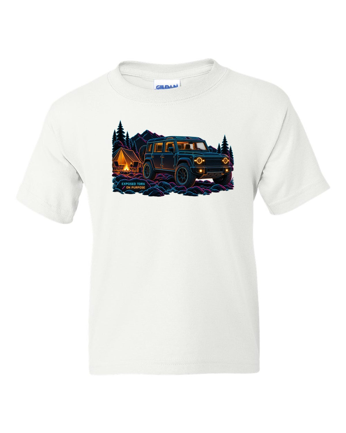 Neon line art print of a Land Rover Defender L663 110 at night camp with Exposed Torx text white kids tee front view with the design