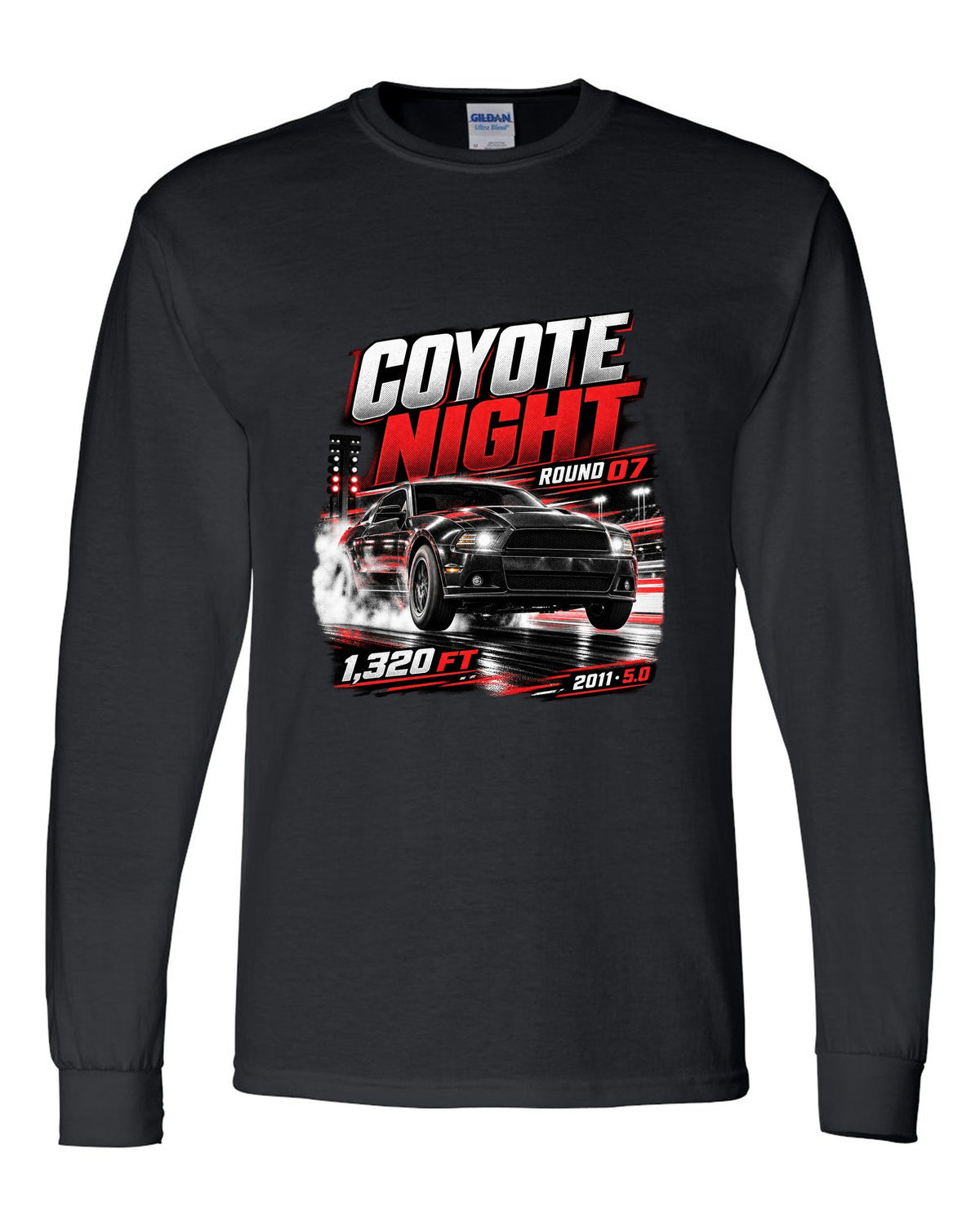 Night race poster print of a 2011 Ford Mustang S197 GT 5.0 black long sleeve front view with the design