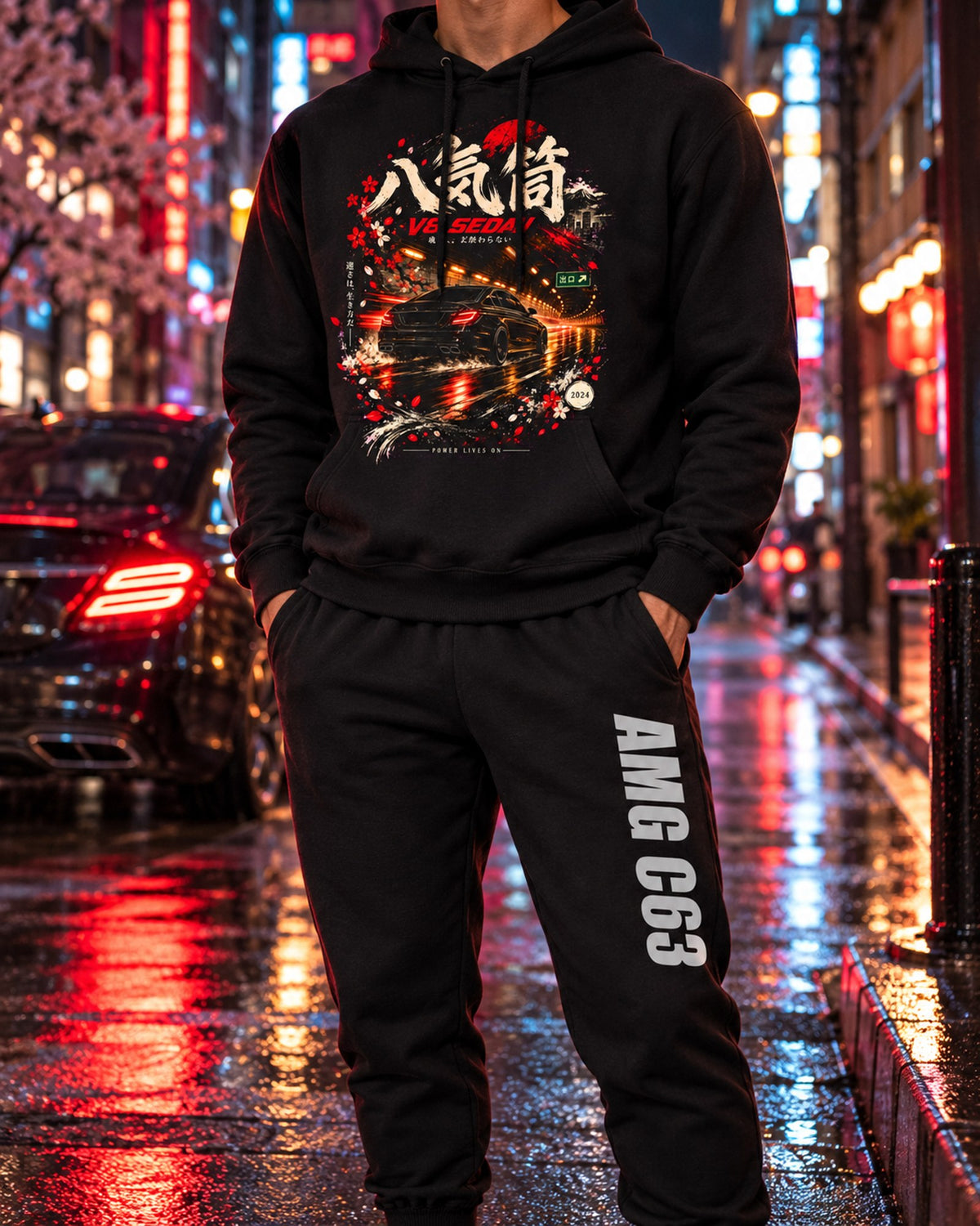 Mercedes AMG C63 Dream Car Hoodie + Jogger Set Black worn hero