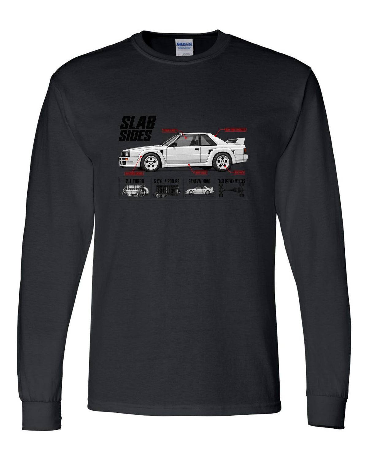 Audi Ur-Quattro Type 85 Slab Sides Spec Poster black long sleeve front view with the design