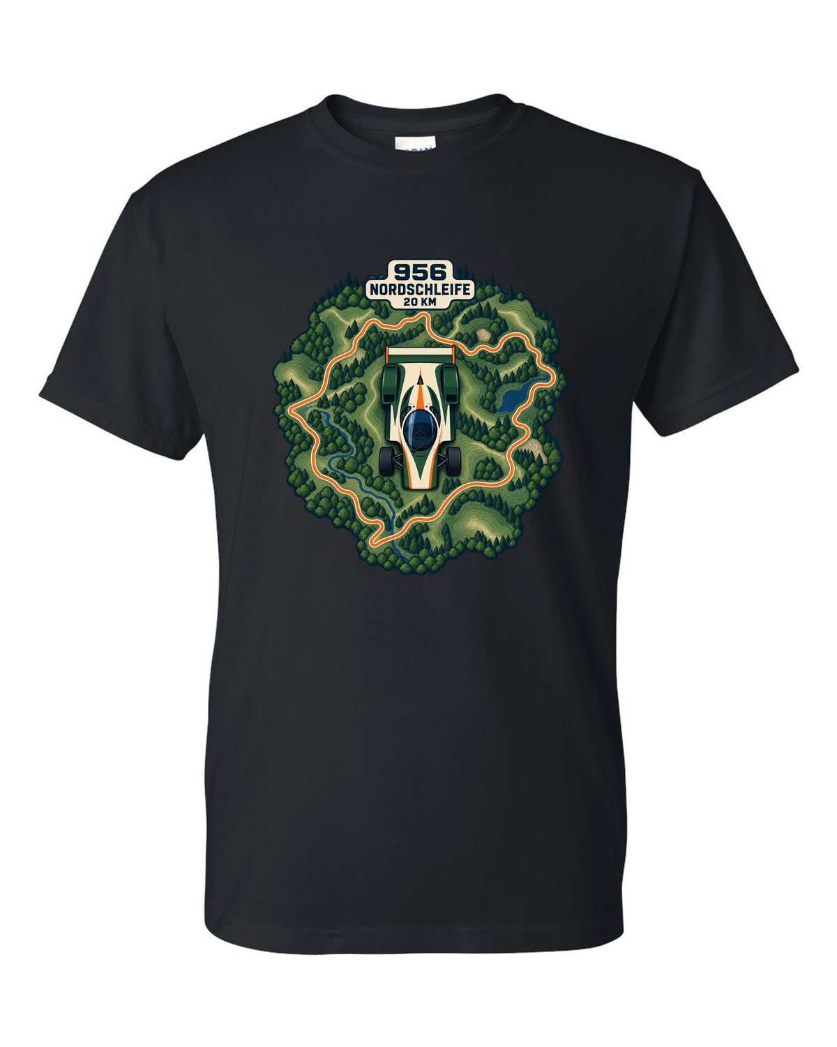 Topographic route map of the Nordschleife with Porsche 956 lettering black t-shirt front view with the design