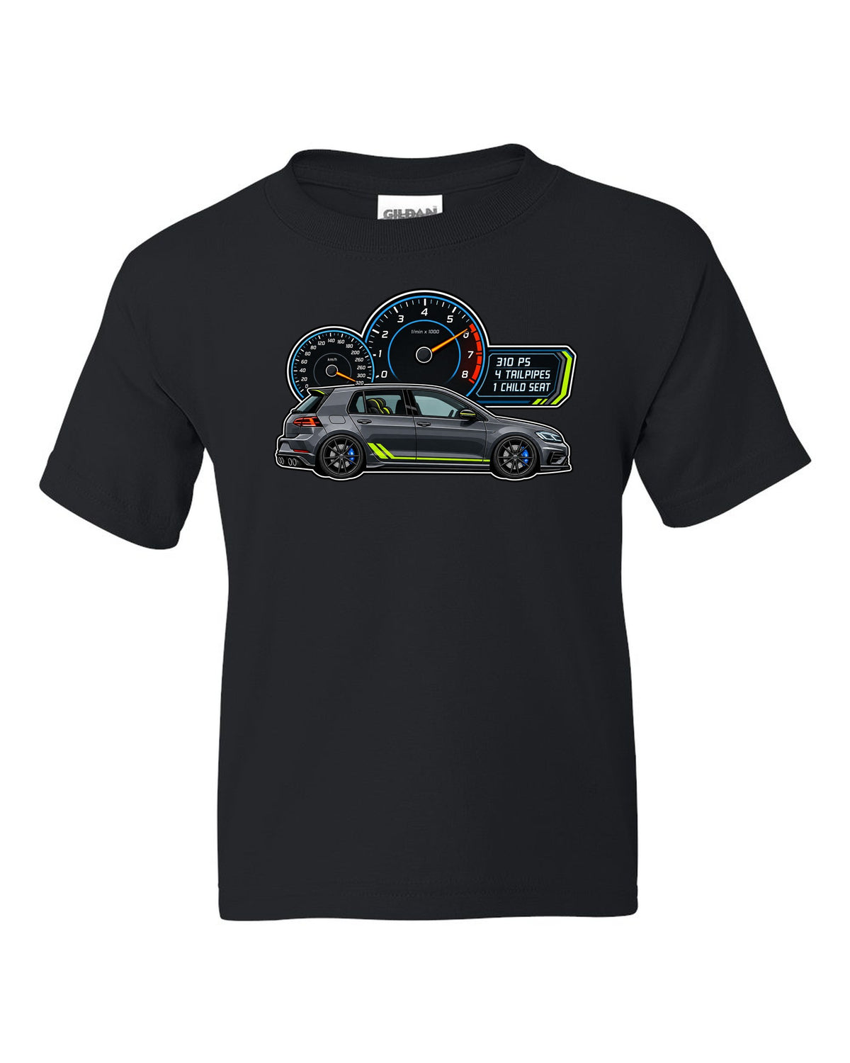 Gauge cluster style print for a VW Golf R Mk7.5 showing 310 PS 4 tailpipes 1 child seat black kids tee front view with the design