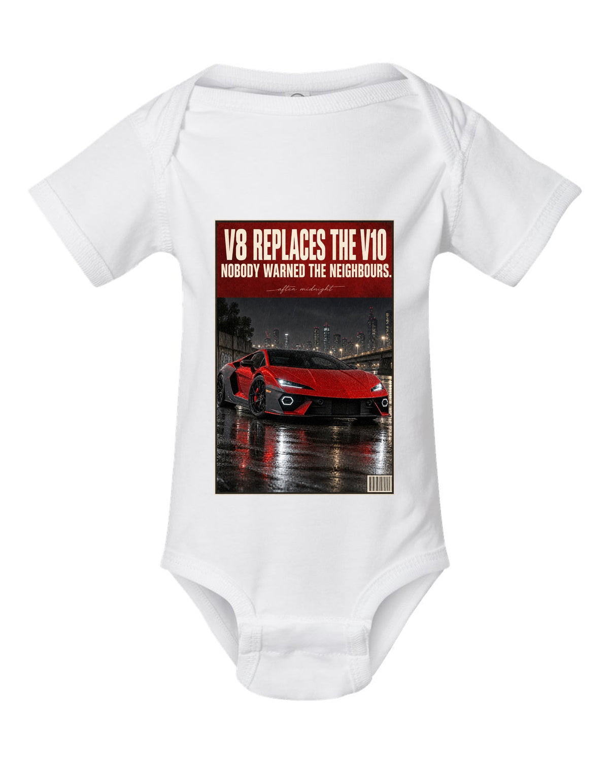 Night street print of the Lamborghini Temerario white baby onesie front view with the design