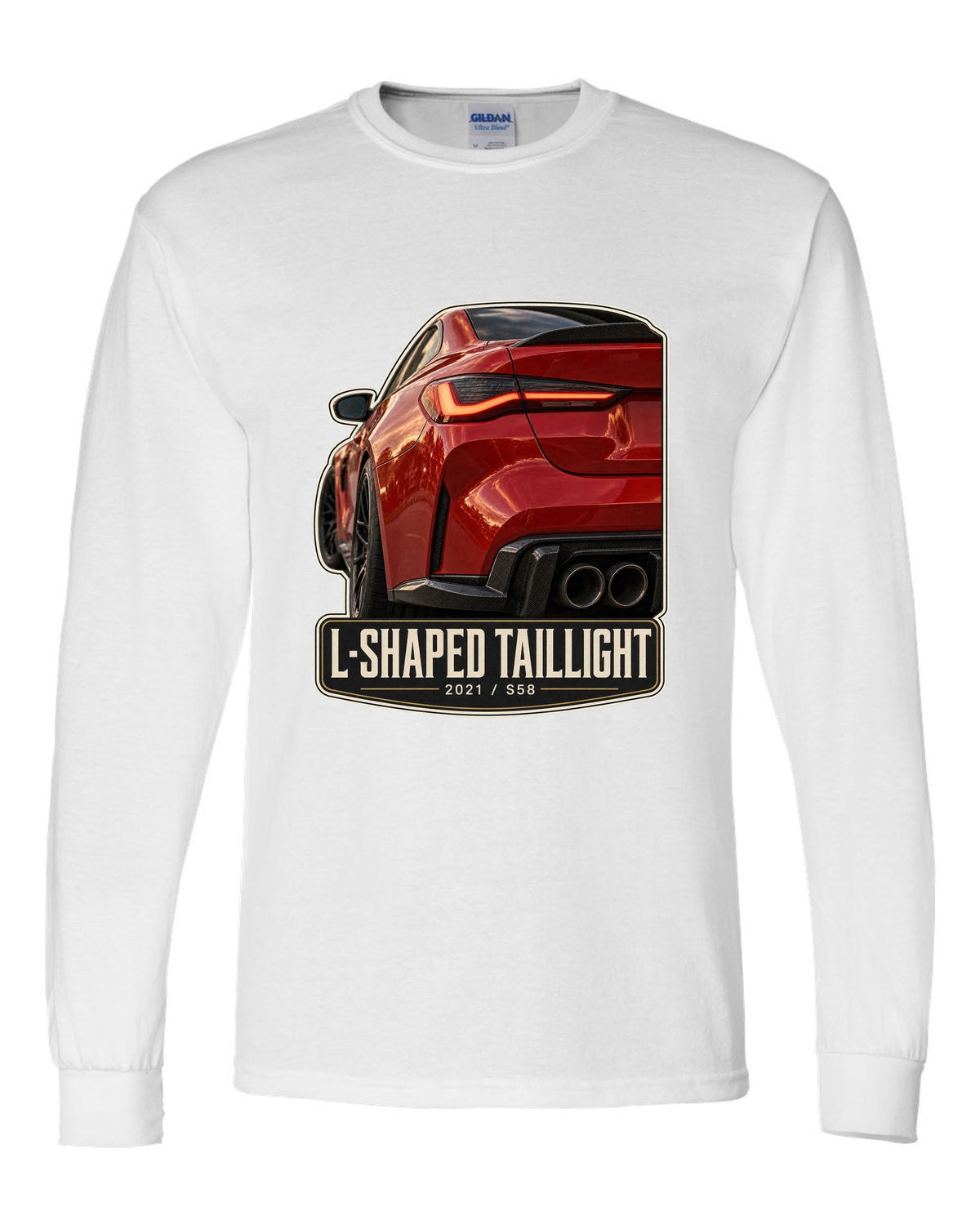 BMW M4 Competition G82 L-shaped taillight macro print with 2021 and S58 text white long sleeve front view with the design