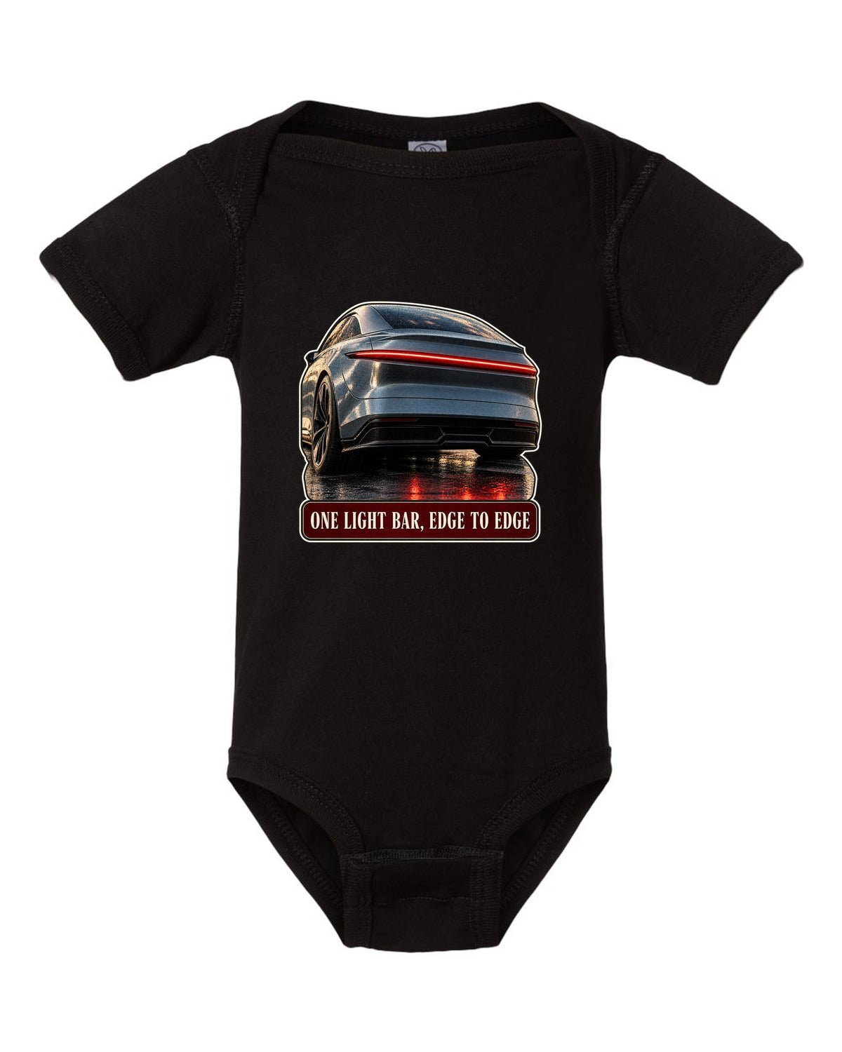 Taillight macro print of a Lucid Air Sapphire with a single light bar black baby onesie front view with the design