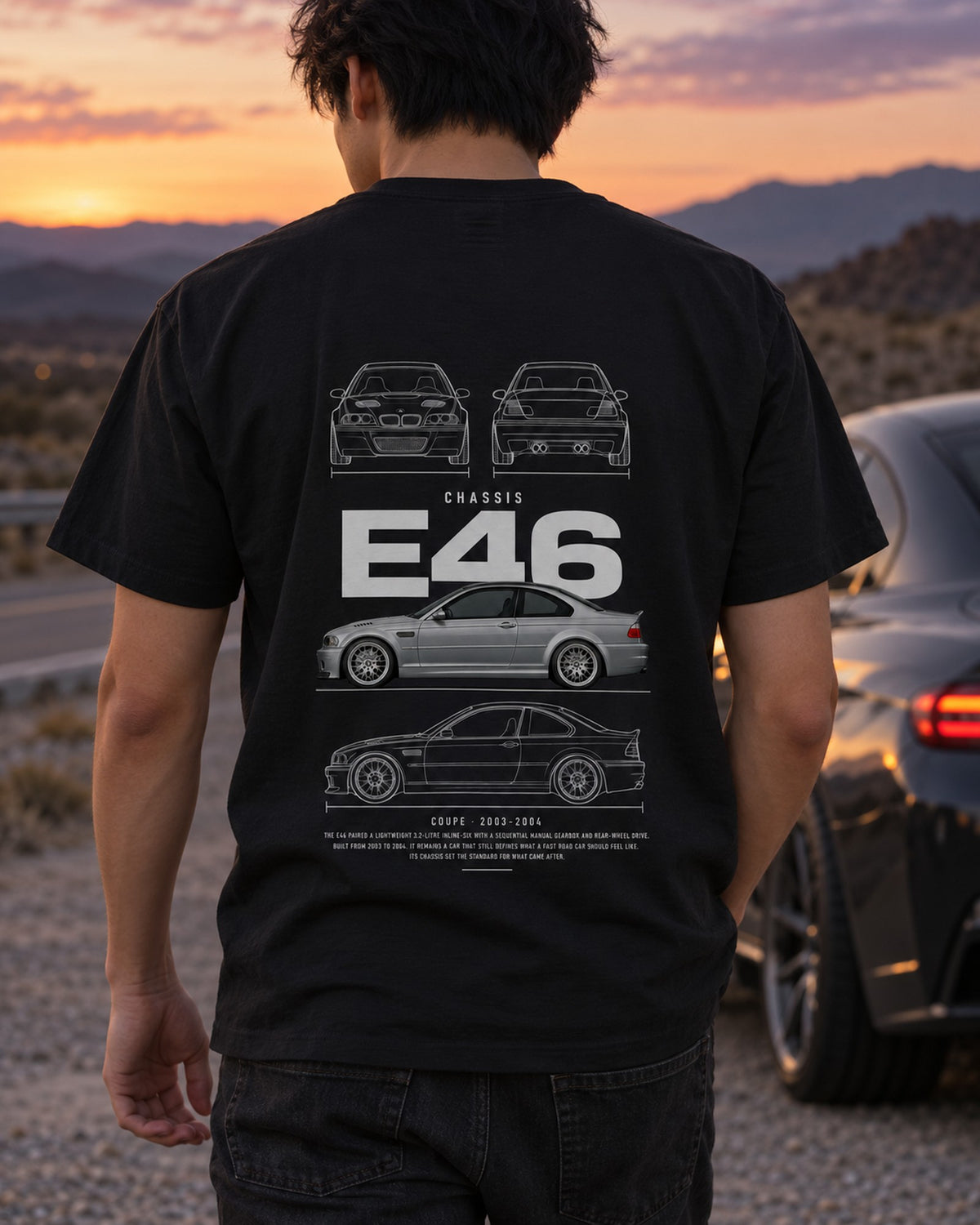 BMW E46 M3 CSL coupe Blueprint Full-Back Graphic Tee, E46 Chassis Code T-Shirt Black worn hero