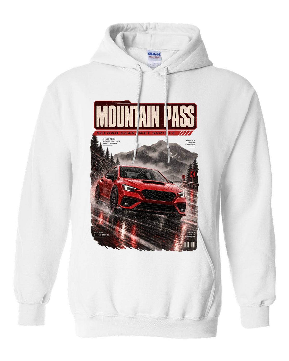 Red-orange monochrome Subaru WRX VB sedan on a wet mountain pass at night, poster-style print white pull over hoodie front view with the design