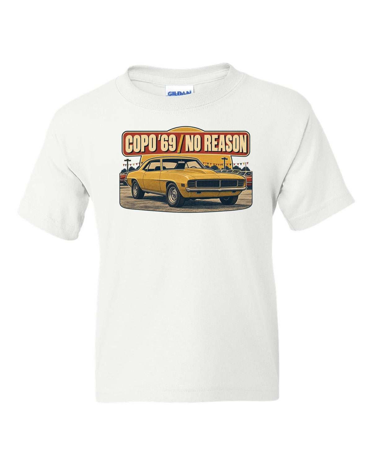1970s catalogue ad layout with halftone shading of a 1969 Chevrolet Camaro COPO-style coupe white kids tee front view with the design