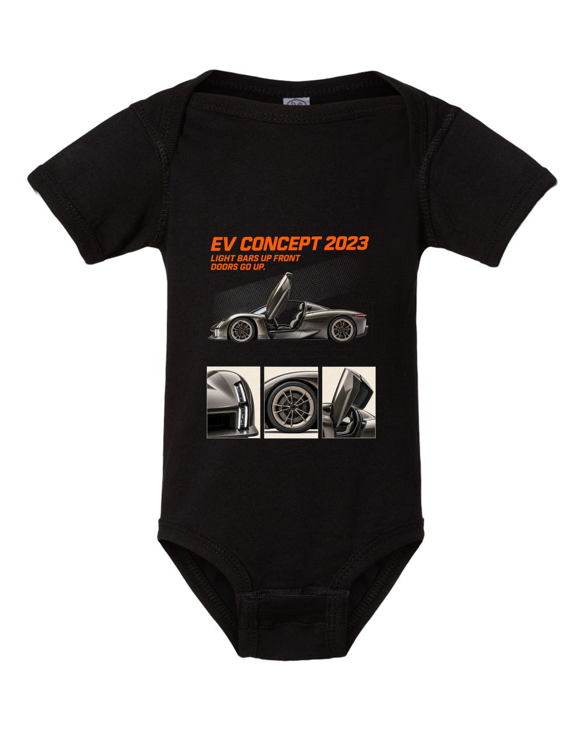 Porsche Mission X electric concept dossier panels print design black baby onesie front view with the design