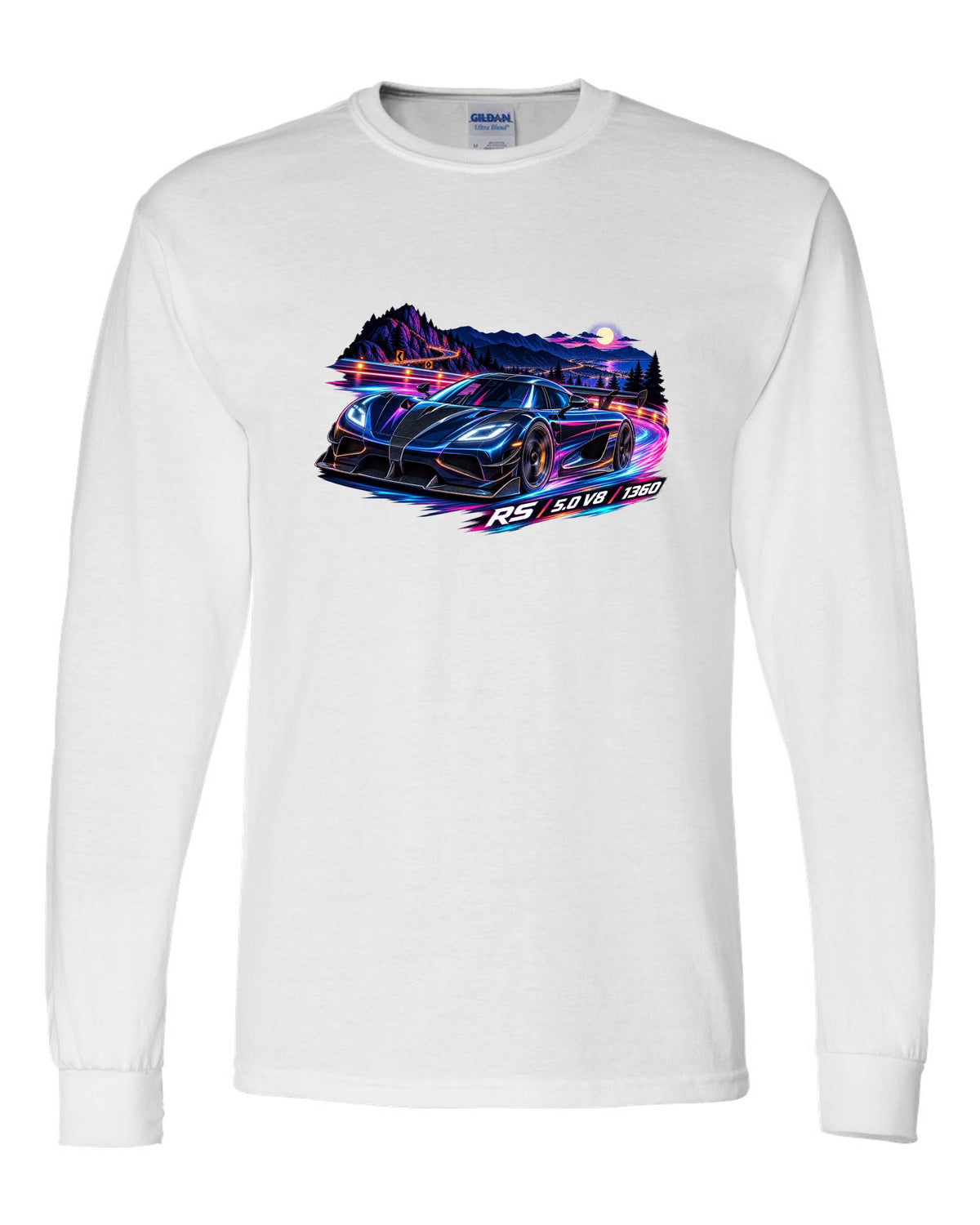 Cel-shaded anime night mountain pass illustration of a Koenigsegg Agera RS with RS 5.0 V8 1360 lettering white long sleeve front view with the design