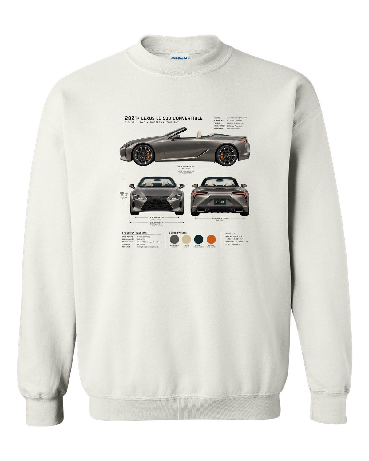 Three-view drawing of the Lexus LC 500 Convertible with spec table white crewneck front view with the design