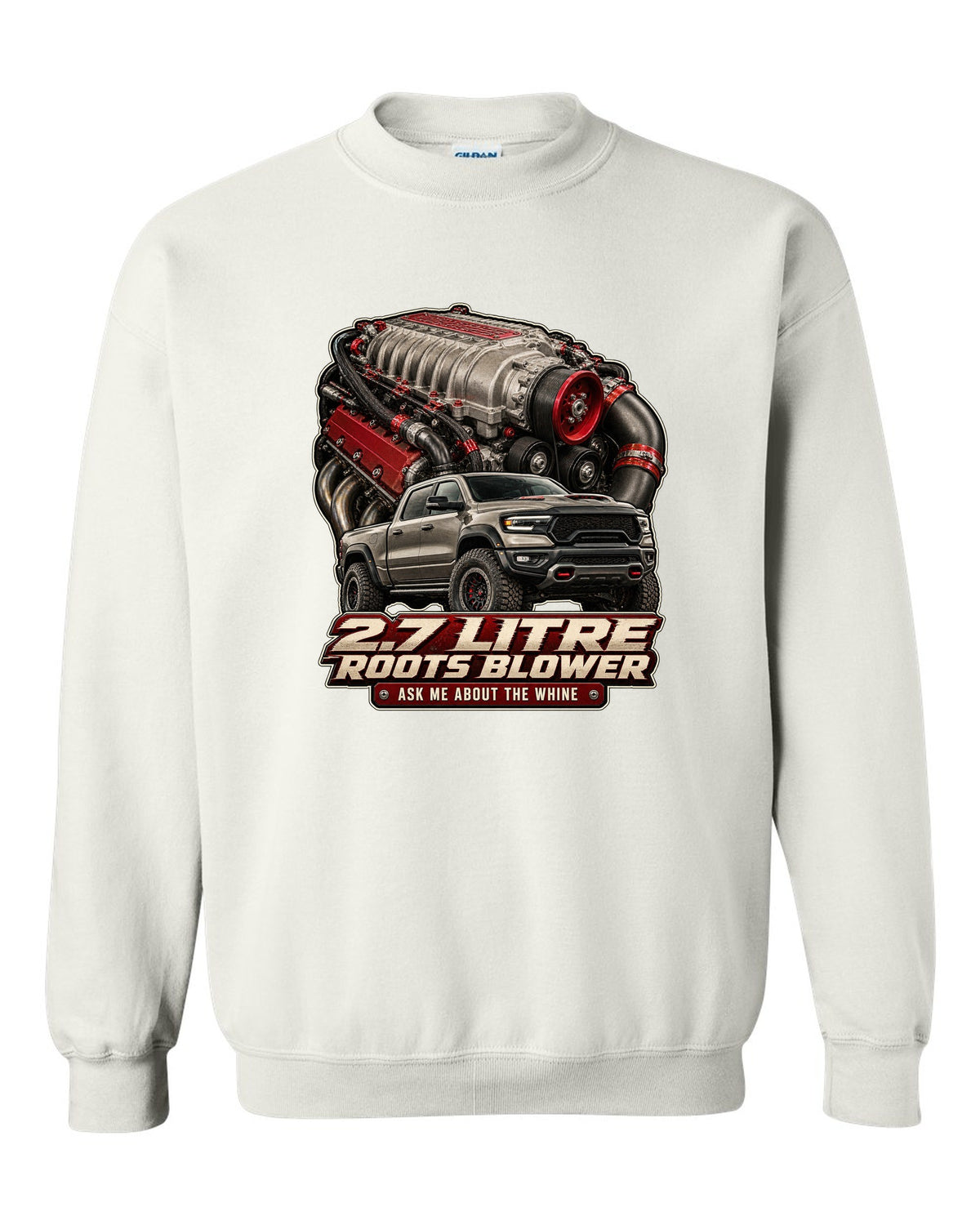 Ram 1500 TRX 2.7 litre Roots supercharger engine poster print white crewneck front view with the design