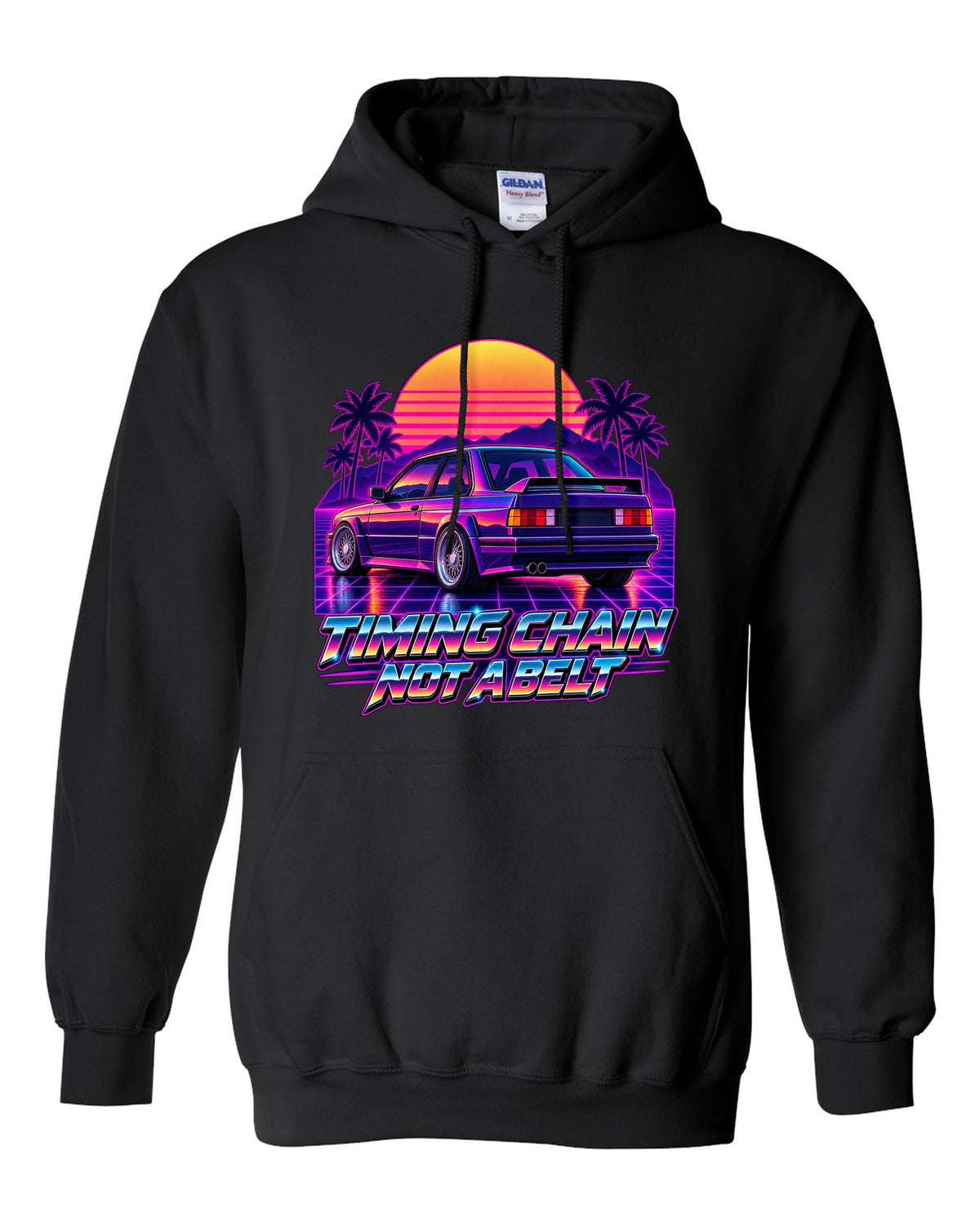 Synthwave outrun illustration of a BMW E30 M3 taillights at dusk with timing chain text black pull over hoodie front view with the design