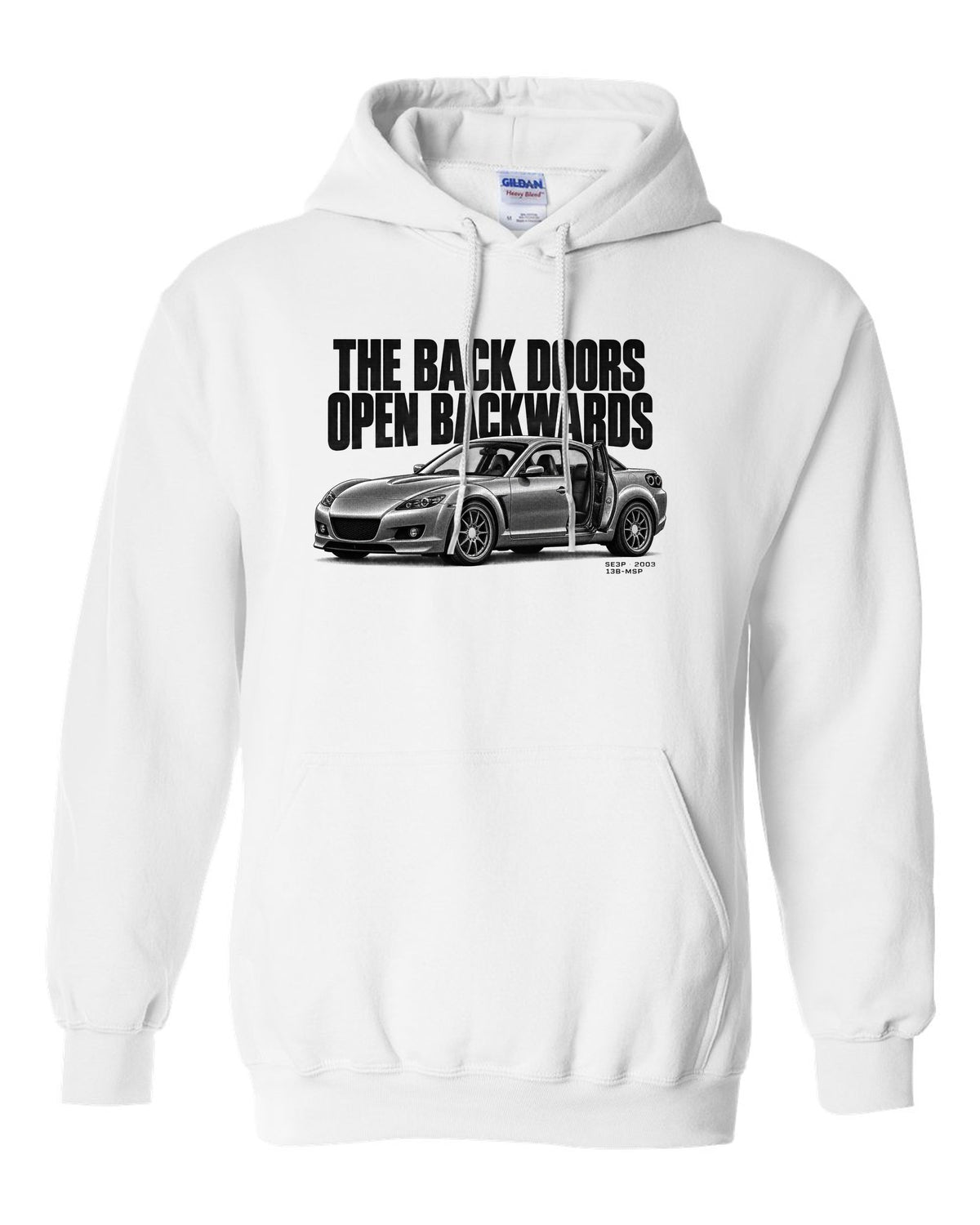 Halftone print of a Mazda RX-8 SE3P with back doors lettering white pull over hoodie front view with the design