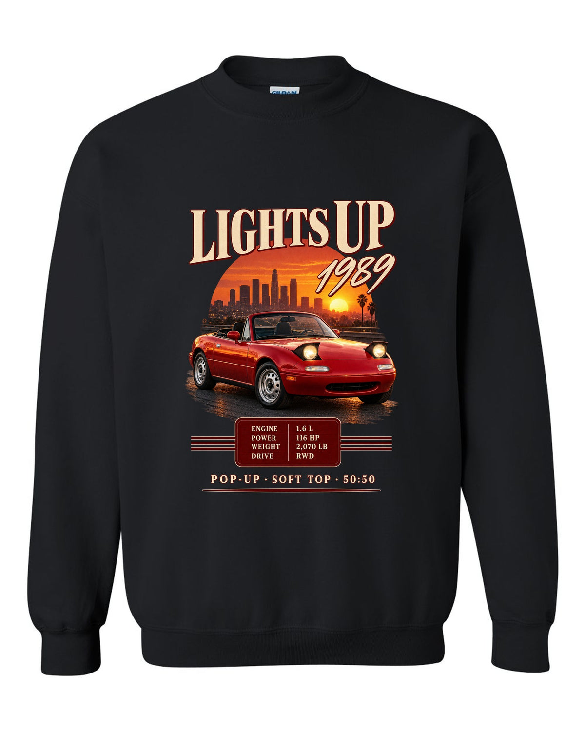 Archive panel print for the 1989 Mazda MX-5 NA with 116 HP, 2,070 lb and pop-up headlight specs black crewneck front view with the design