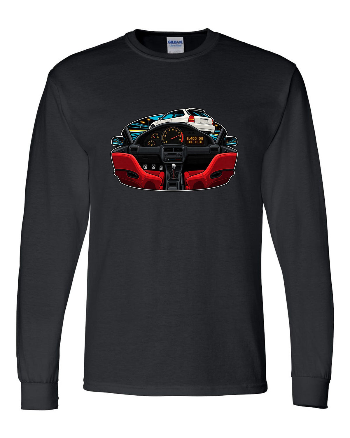 Gauge-cluster HUD print of a 1997 Honda Civic Type R EK9 with 8,400 on the dial text black long sleeve front view with the design