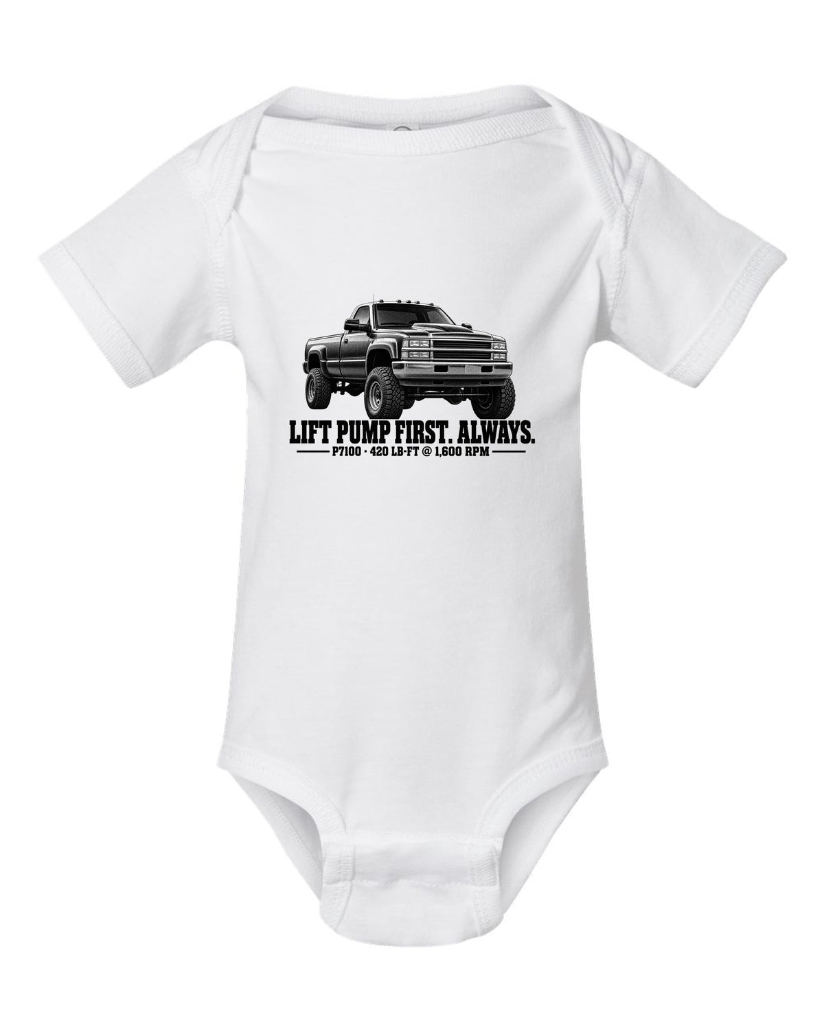 Halftone print of a 1994-98 Ram 2500 12V with lift pump advice and P7100 torque figures white baby onesie front view with the design