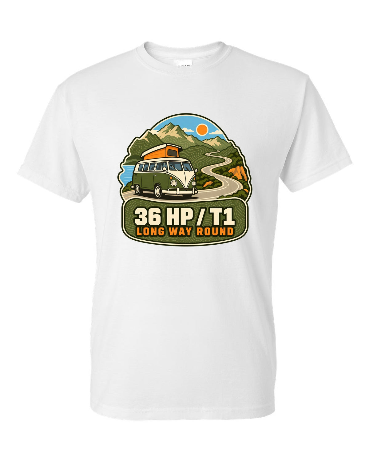 Topographic route map print of a 1962 VW Bus T1 split-window with 36 HP lettering white t-shirt front view with the design