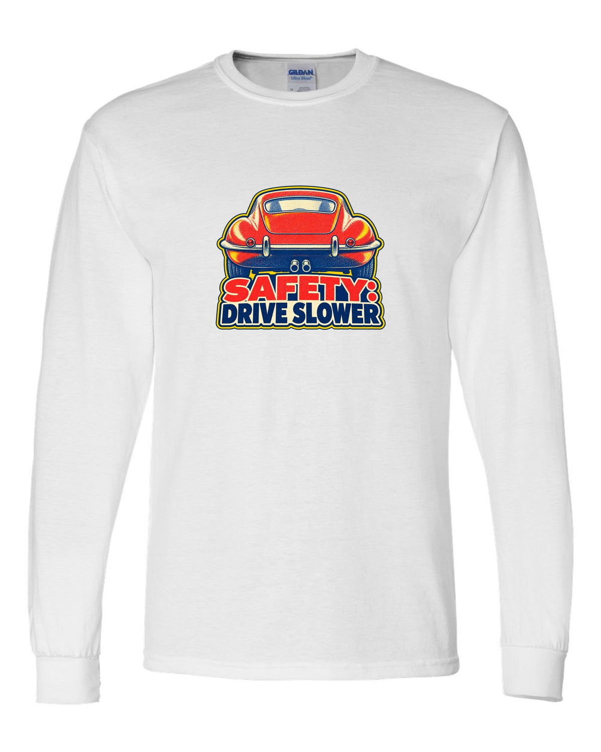 Jaguar E-Type Series 1 risograph print with SAFETY DRIVE SLOWER lettering white long sleeve front view with the design
