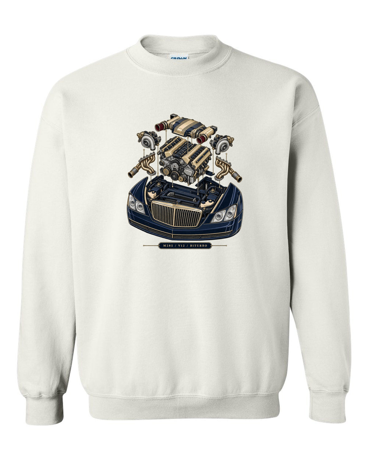 Pastel vaporwave rear view of the one-off Maybach Exelero on a shirt back white crewneck front view with the design