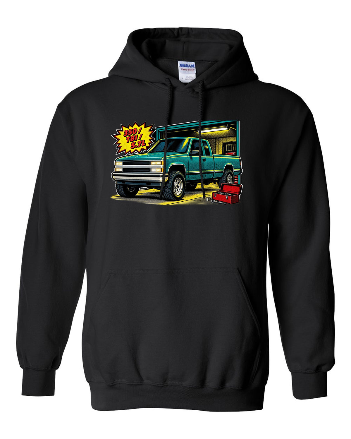Comic halftone pop-art print of a 1988-1998 Chevrolet GMT400 OBS Silverado with 350 TBI 5.7L text black pull over hoodie front view with the design