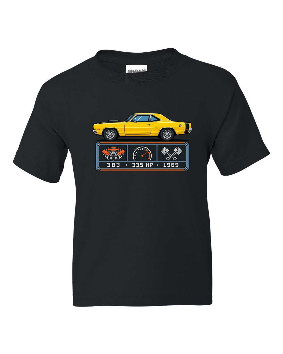 Spec-sheet data plate design for a 1969 Dodge Coronet Super Bee with 383 and 335 HP black kids tee front view with the design