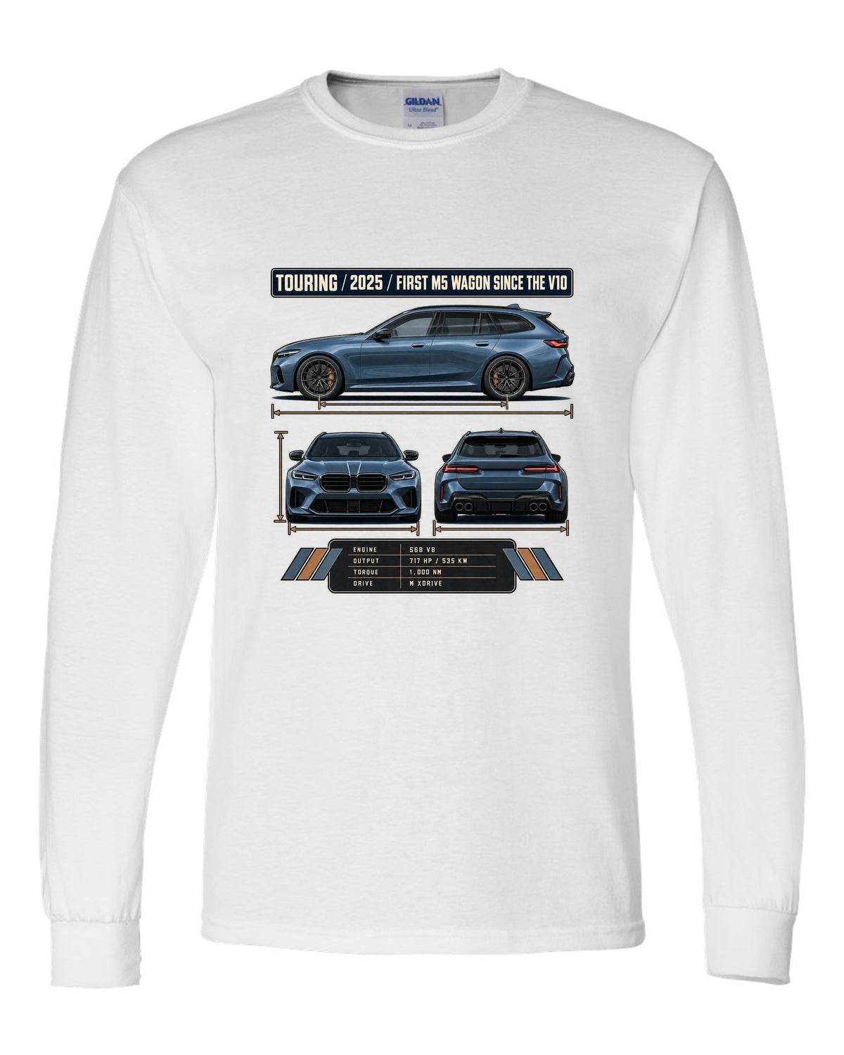 BMW M5 G90 Touring three-view drawing with spec table and first M5 wagon since the V10 text white long sleeve front view with the design