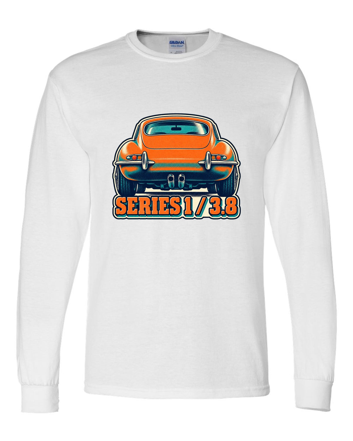 Risograph-style print of a Jaguar E-Type Series 1 taillight with Series 1 and 3.8 lettering white long sleeve front view with the design