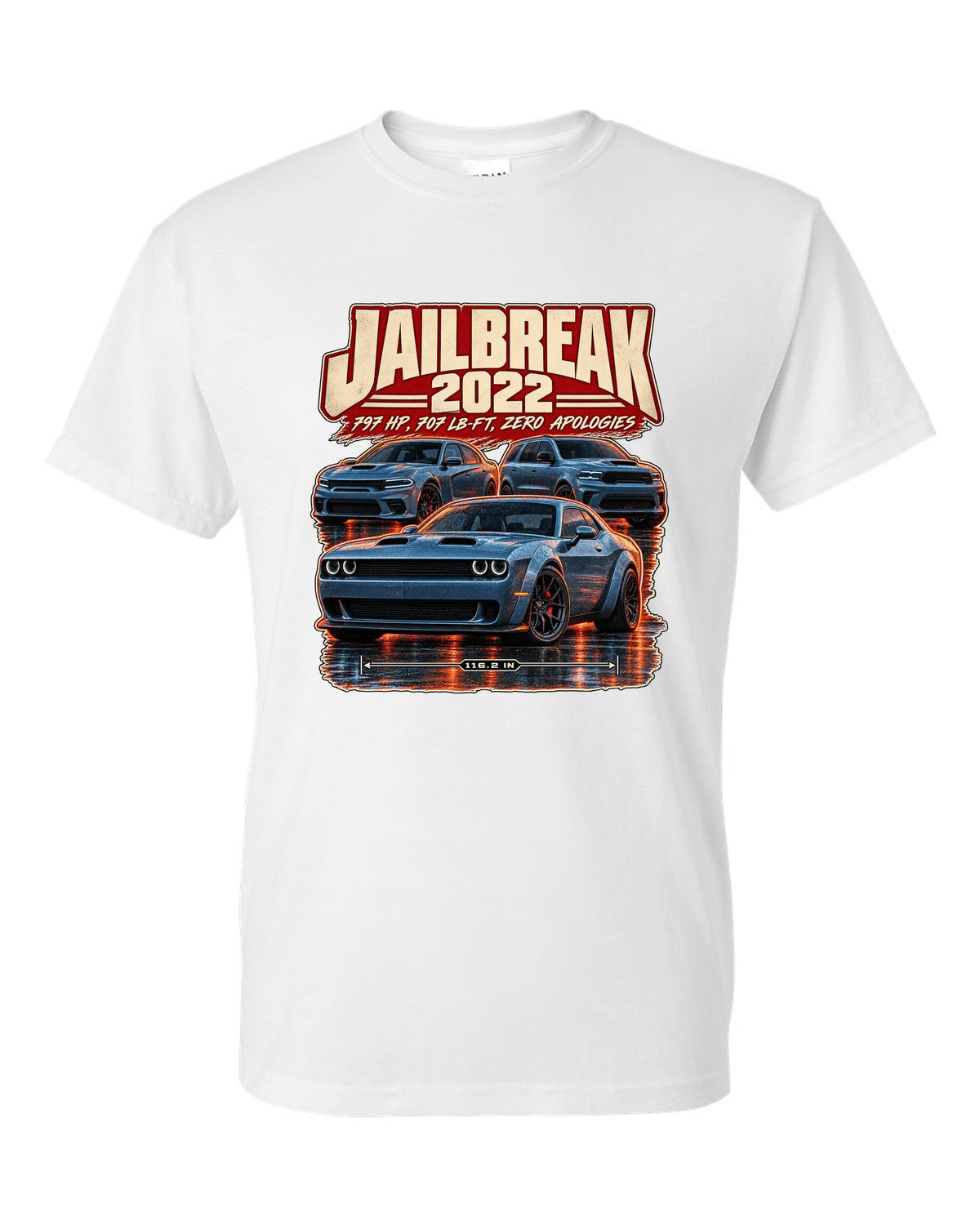 Dodge Challenger Hellcat Redeye Jailbreak 2022 street poster print white t-shirt front view with the design