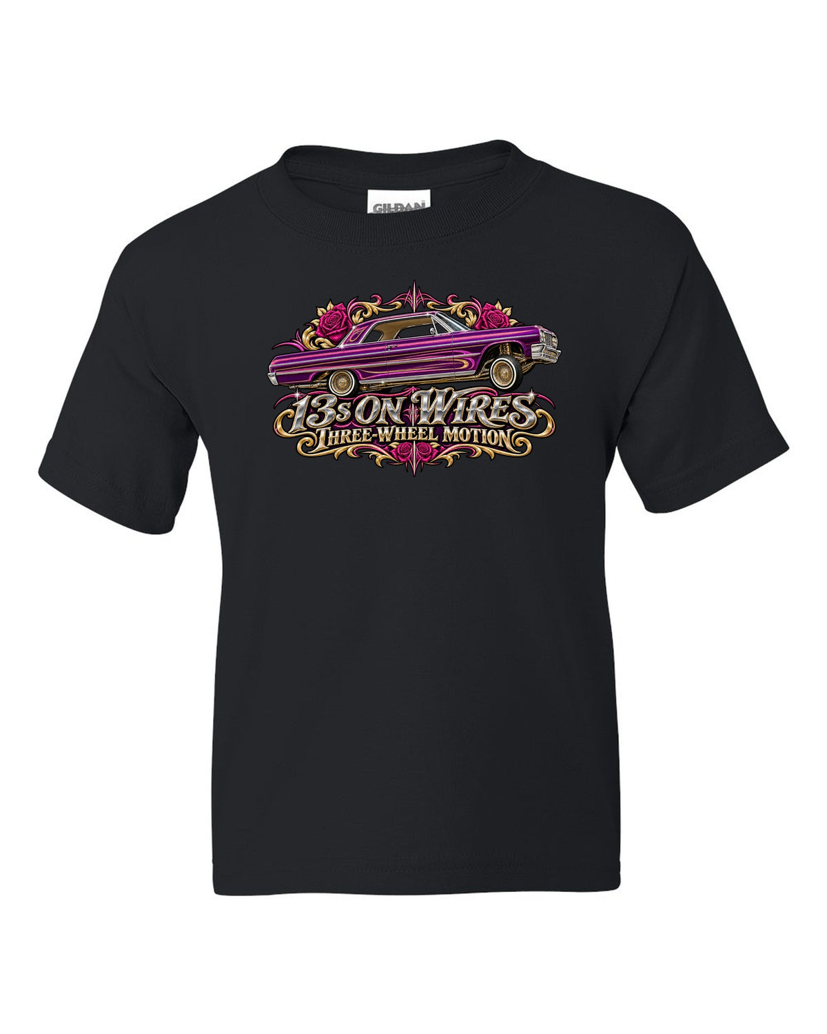 1964 Chevrolet Impala SS lowrider in airbrush style with text 13s on Wires Three-Wheel Motion black kids tee front view with the design