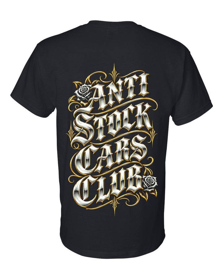 Anti Stock Cars Club Lowrider Script T-Shirt Black back