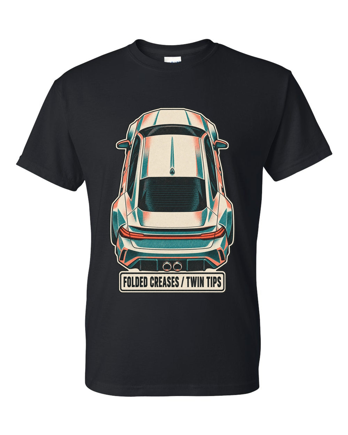 Risograph duotone top-down print of a Hyundai Elantra N CN7 with folded creases and twin tips text black t-shirt front view with the design