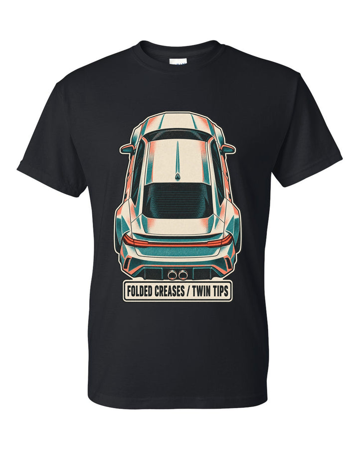 Risograph duotone top-down print of a Hyundai Elantra N CN7 with folded creases and twin tips text black t-shirt front view with the design