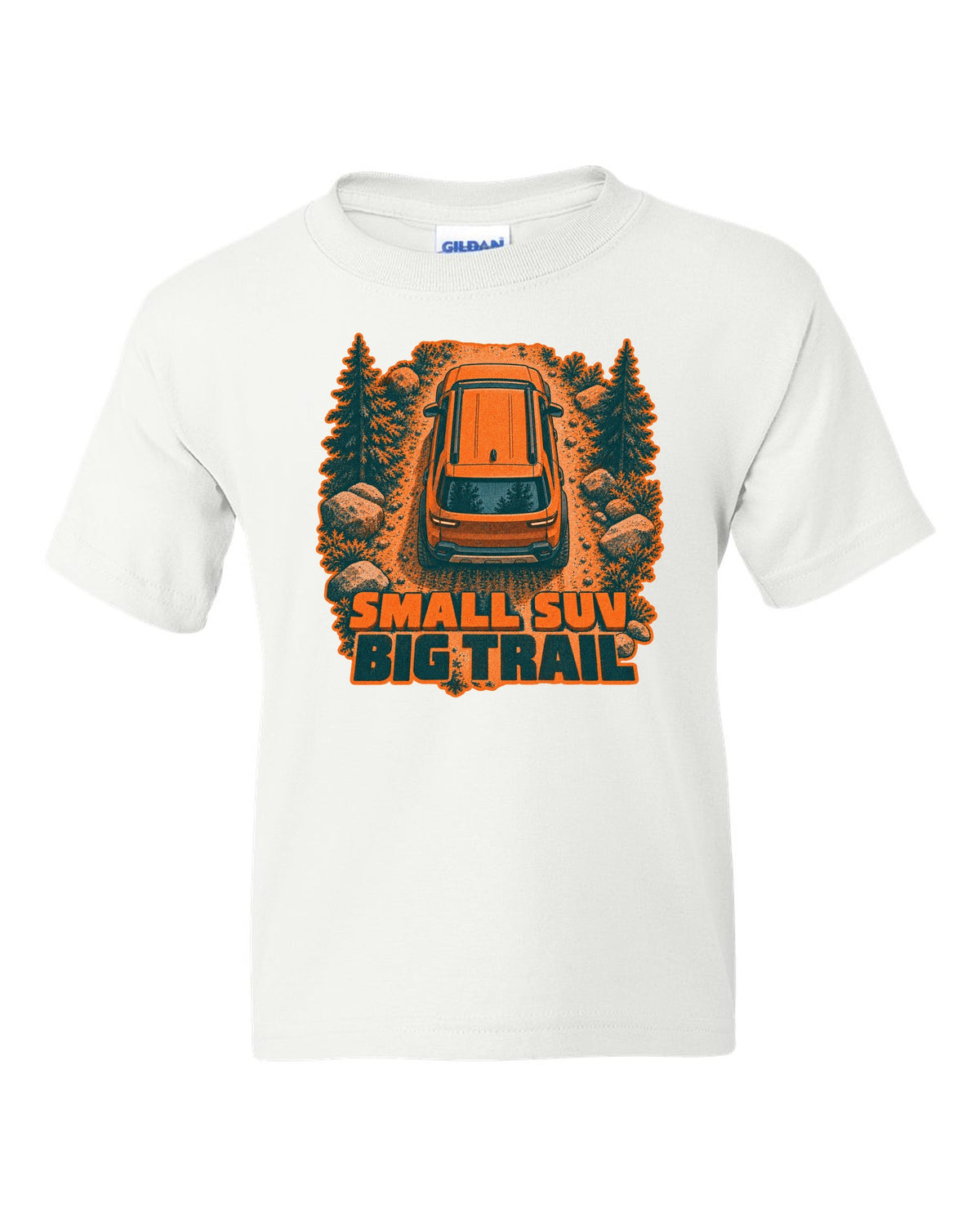 Rivian R2 overhead risograph duotone print with the text small SUV big trail white kids tee front view with the design