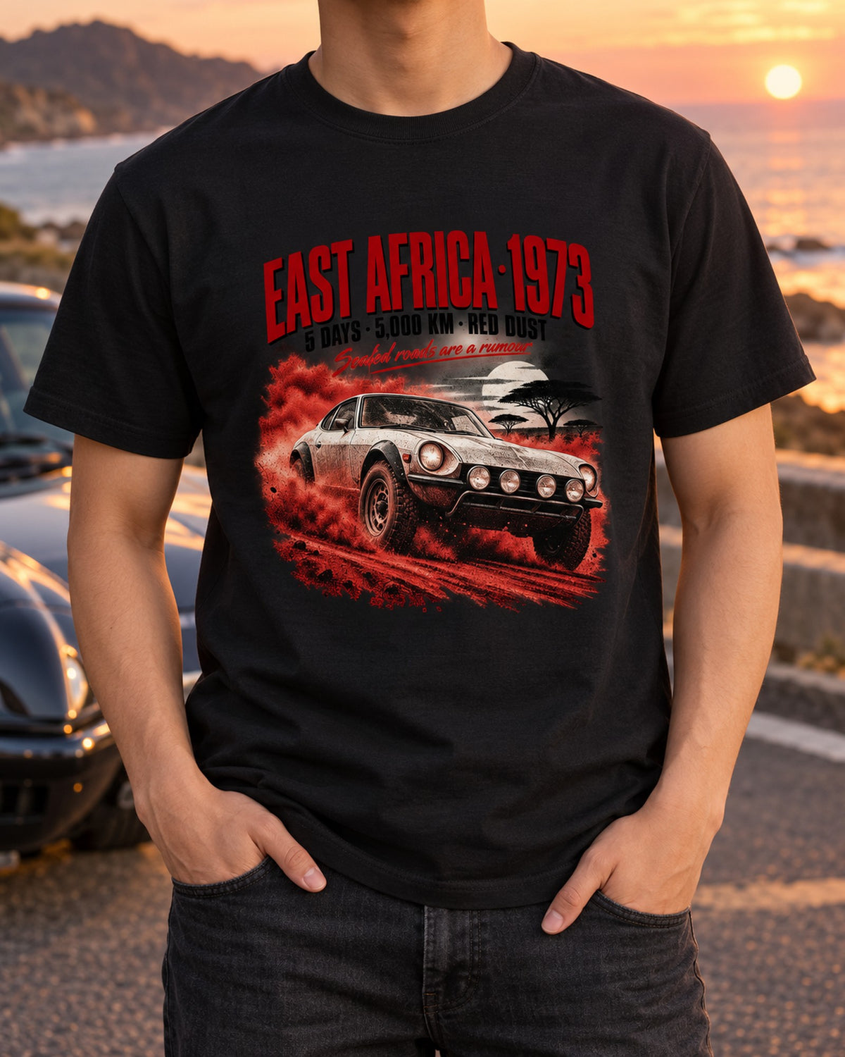 Datsun 240Z S30 East Africa 1973 Safari Rally Poster Tee T-Shirt Black worn hero