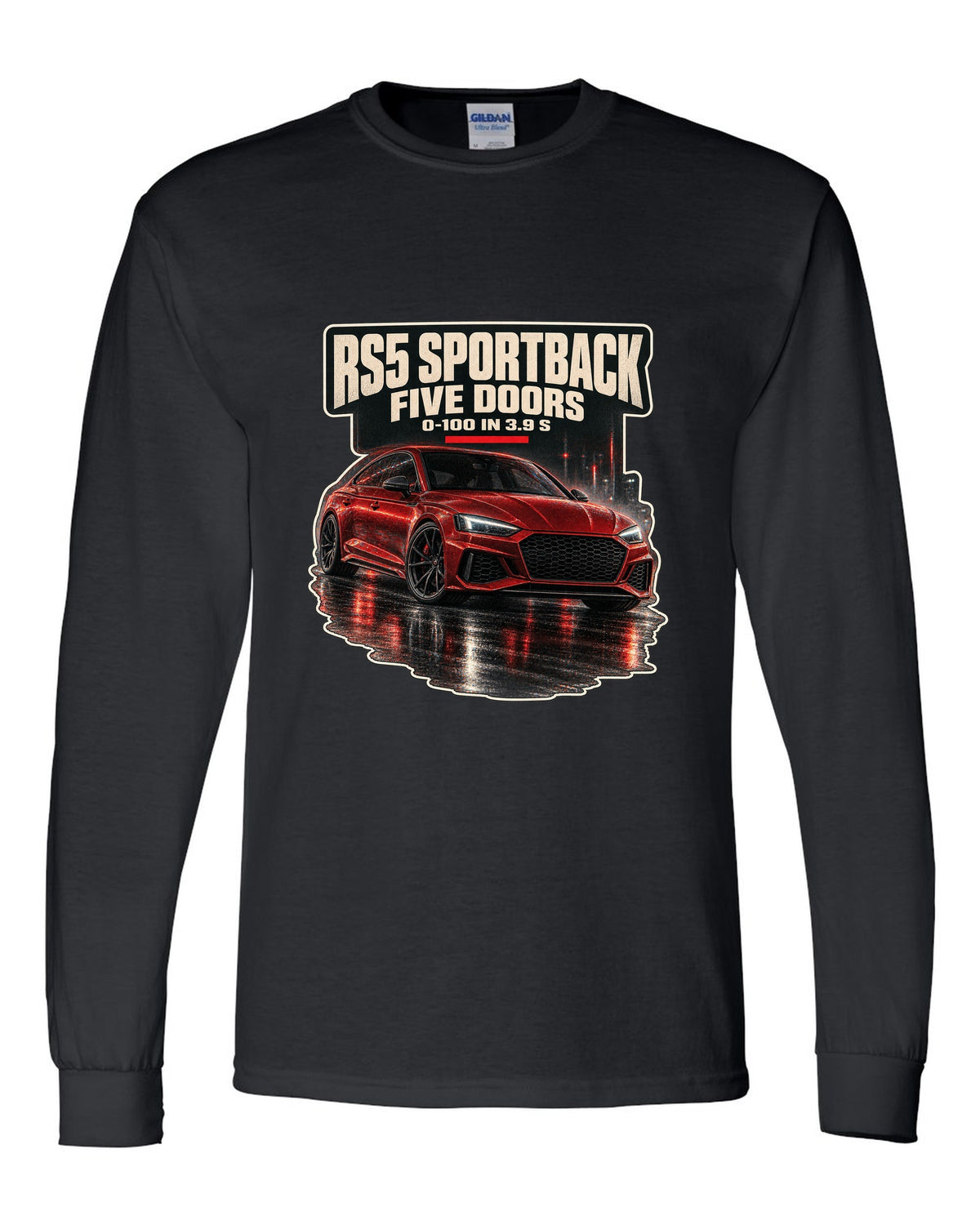 Night street scene of an Audi RS5 Sportback B9 facelift black long sleeve front view with the design