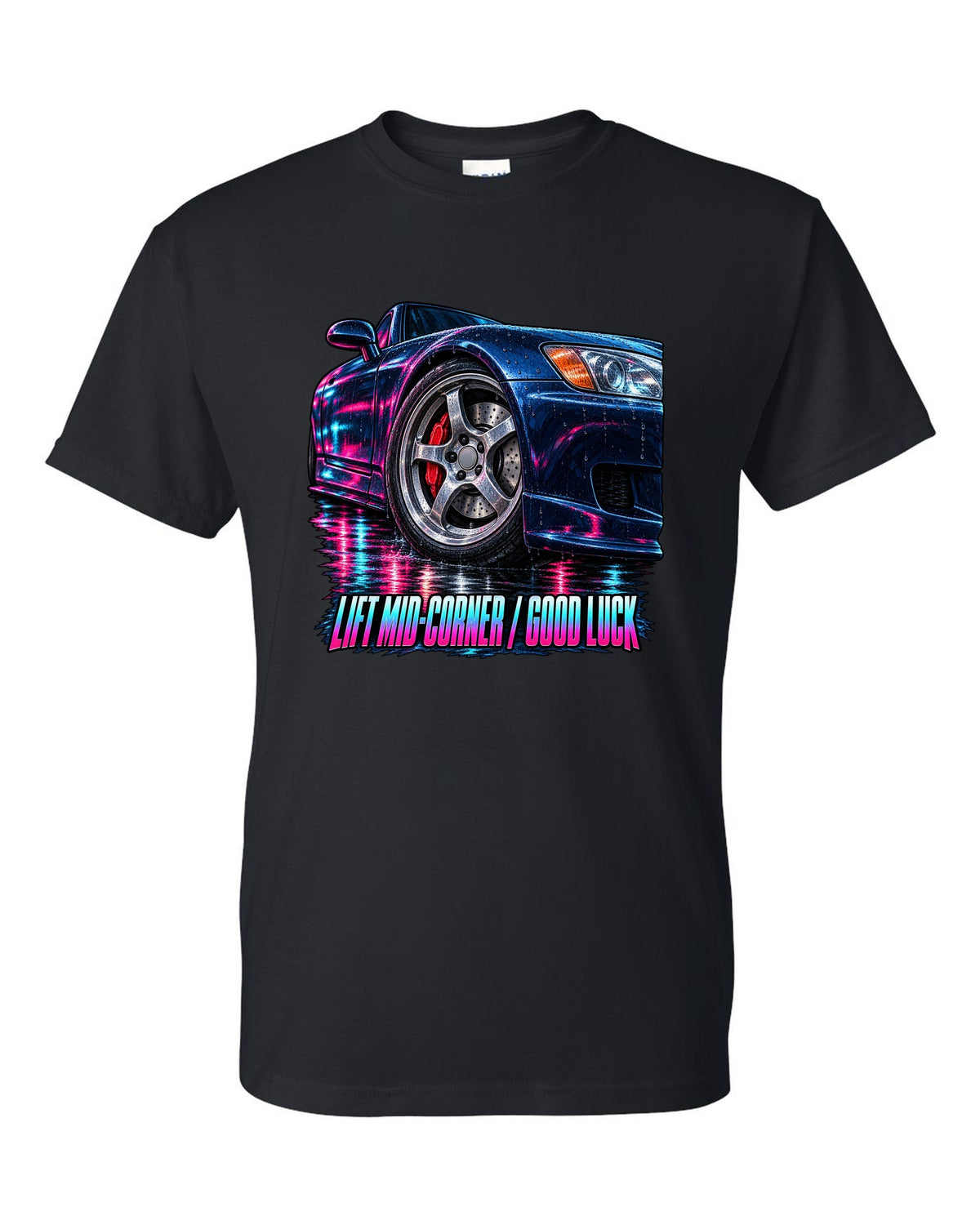 Cinematic macro painting print of a Honda S2000 AP1 cornering with lift mid-corner good luck text black t-shirt front view with the design